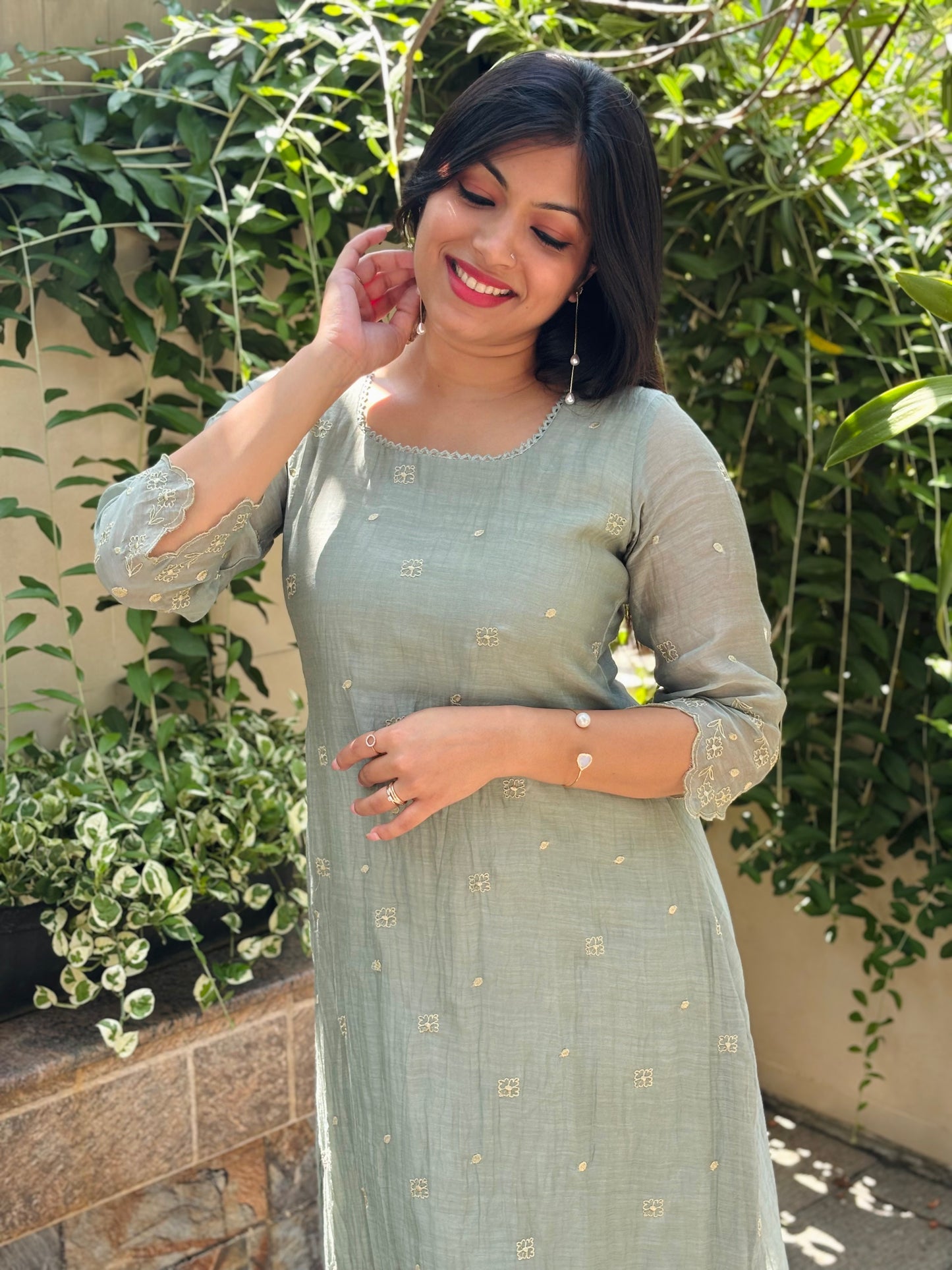 Pastel green Shaded soft mul chanderi Aline kurti/dress with floral thread embroidery detailings and scallopped hemline and sleeves MBS-1234