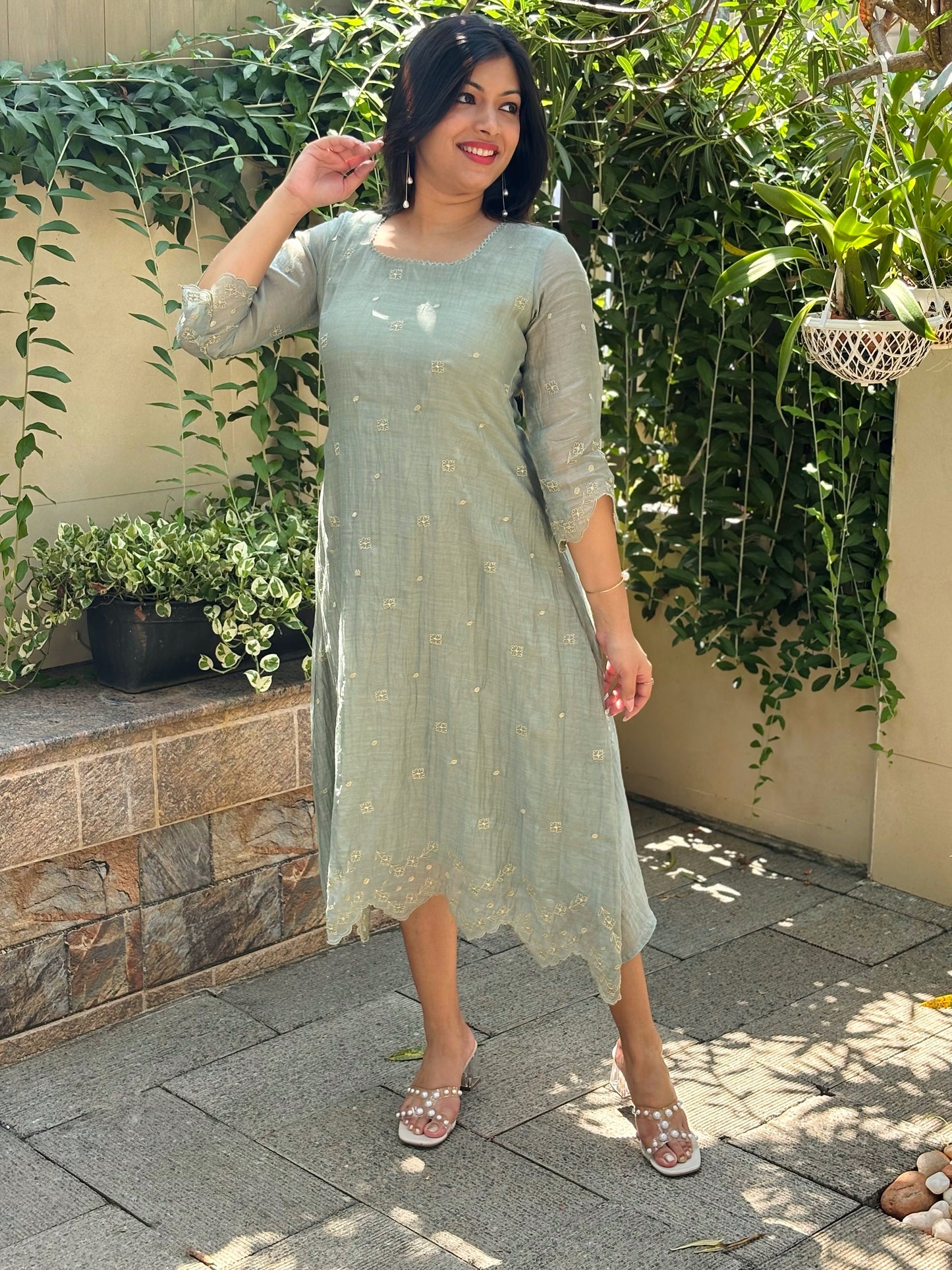 Pastel green Shaded soft mul chanderi Aline kurti/dress with floral thread embroidery detailings and scallopped hemline and sleeves MBS-1234