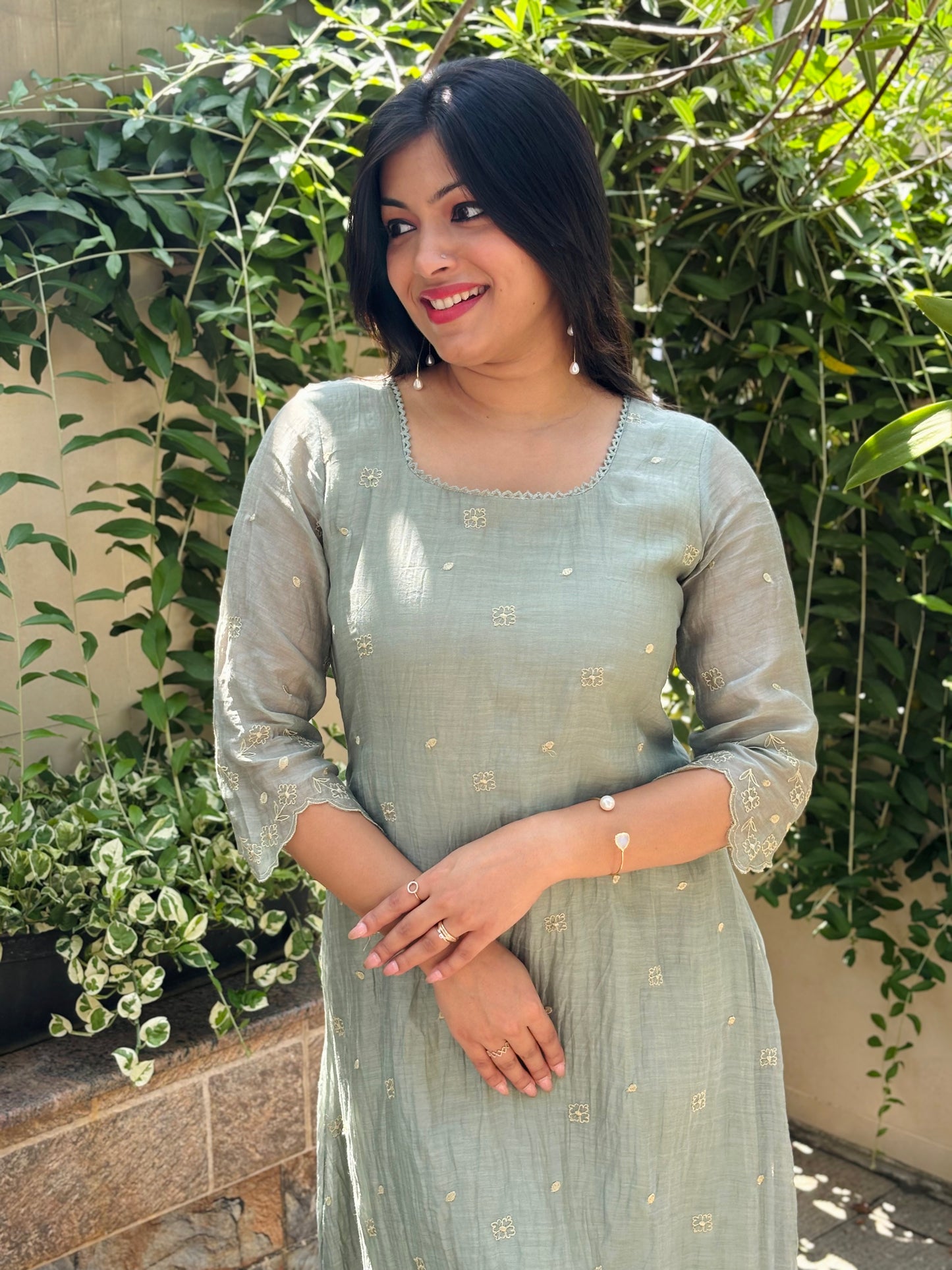 Pastel green Shaded soft mul chanderi Aline kurti/dress with floral thread embroidery detailings and scallopped hemline and sleeves MBS-1234