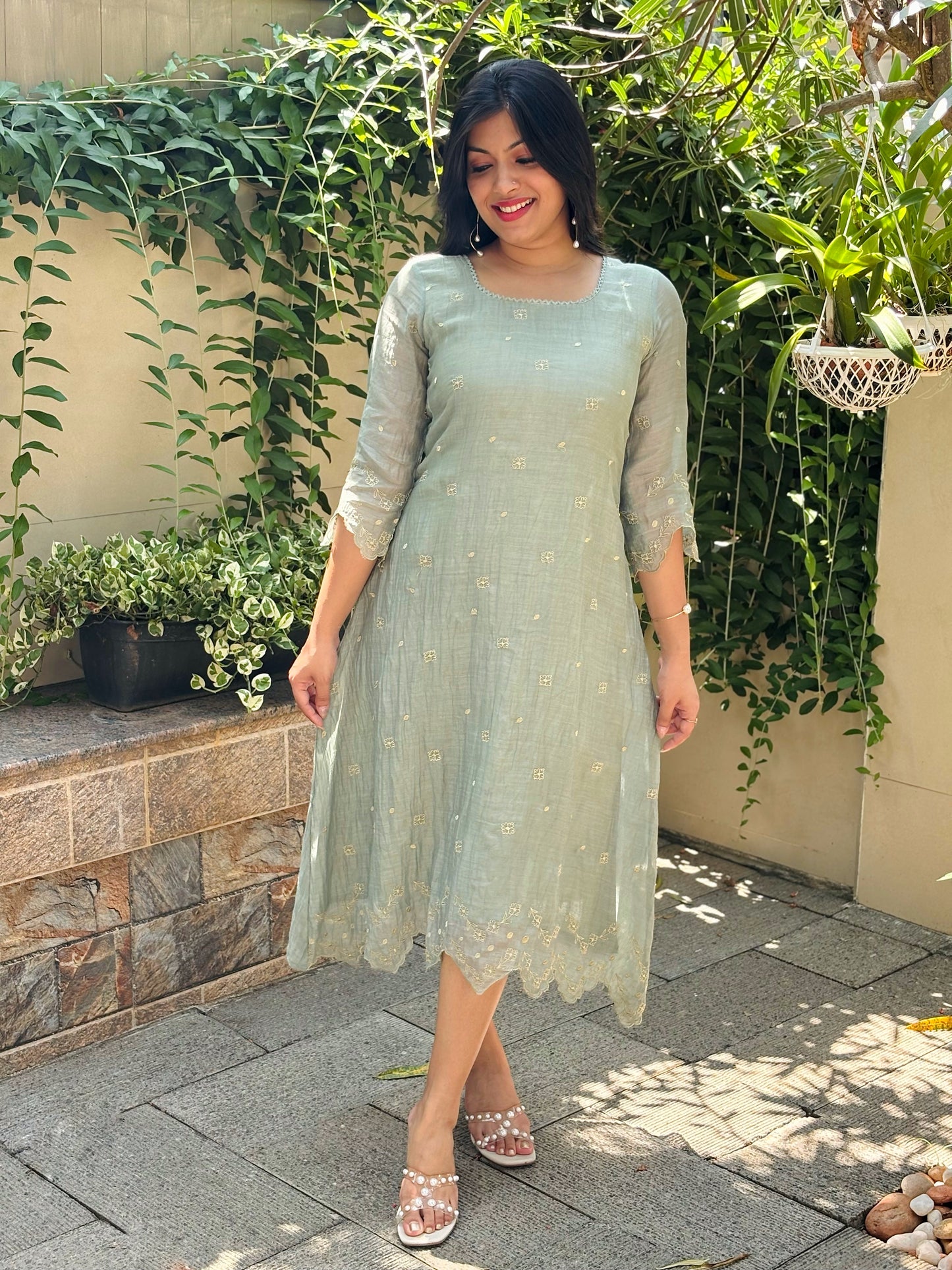 Pastel green Shaded soft mul chanderi Aline kurti/dress with floral thread embroidery detailings and scallopped hemline and sleeves MBS-1234