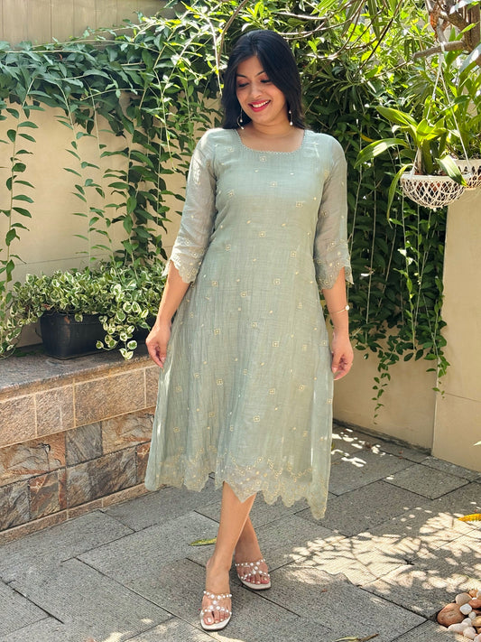 Pastel green Shaded soft mul chanderi Aline kurti/dress with floral thread embroidery detailings and scallopped hemline and sleeves MBS-1234