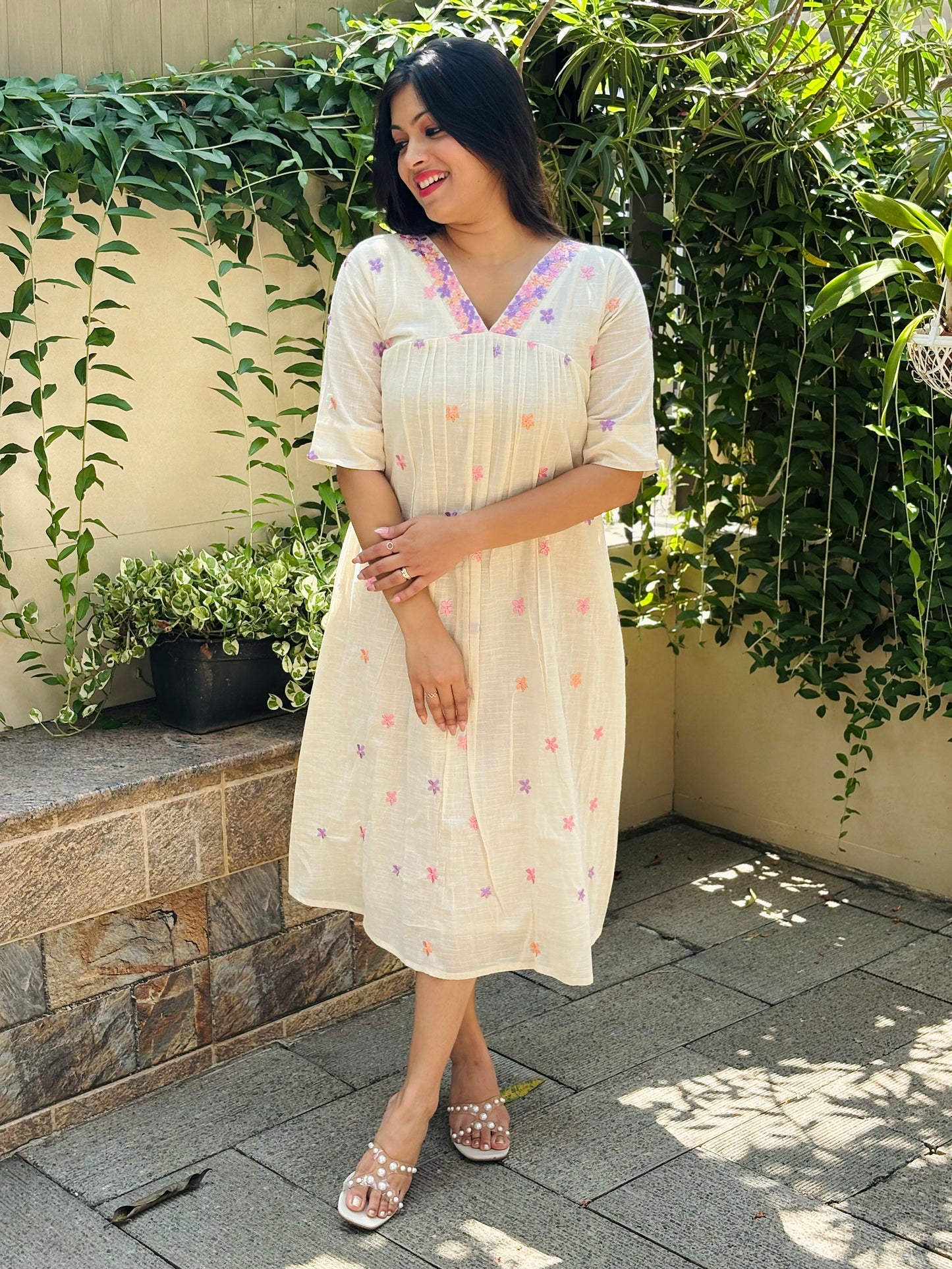 Kora cotton alia cut Aline kurti/dress with floral thread embroidery detailing MBS-1242