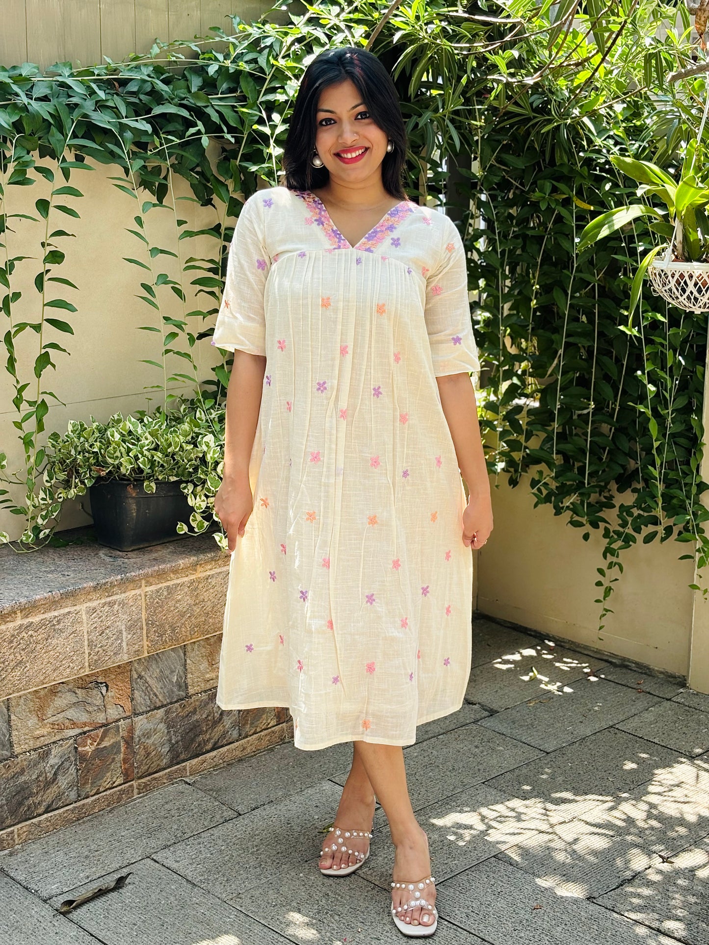 Kora cotton alia cut Aline kurti/dress with floral thread embroidery detailing MBS-1242