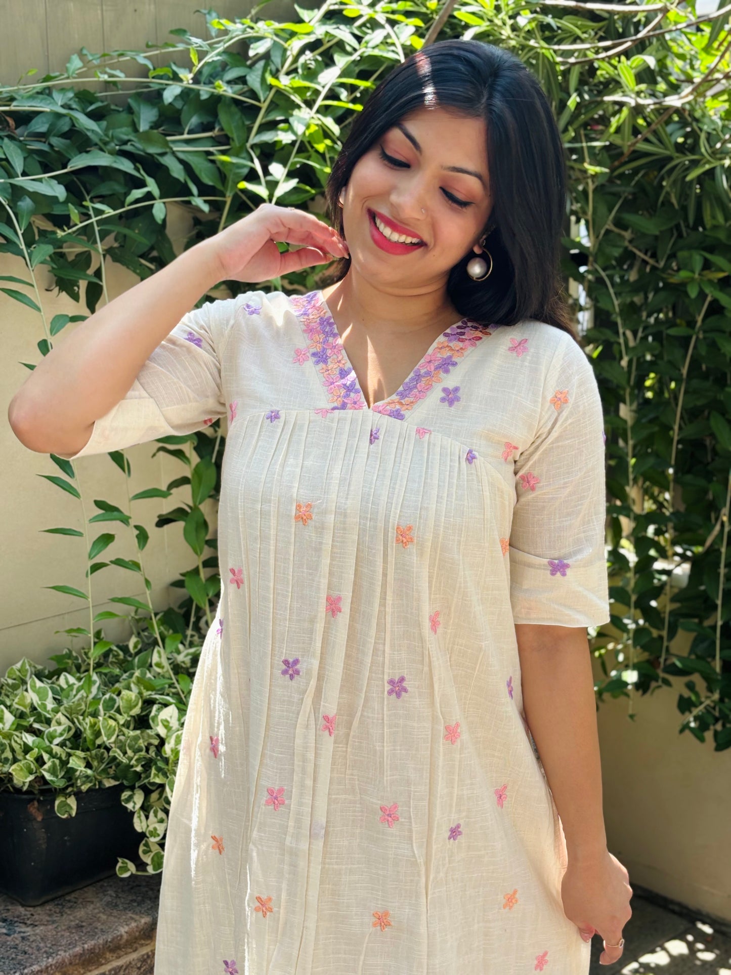 Kora cotton alia cut Aline kurti/dress with floral thread embroidery detailing MBS-1242