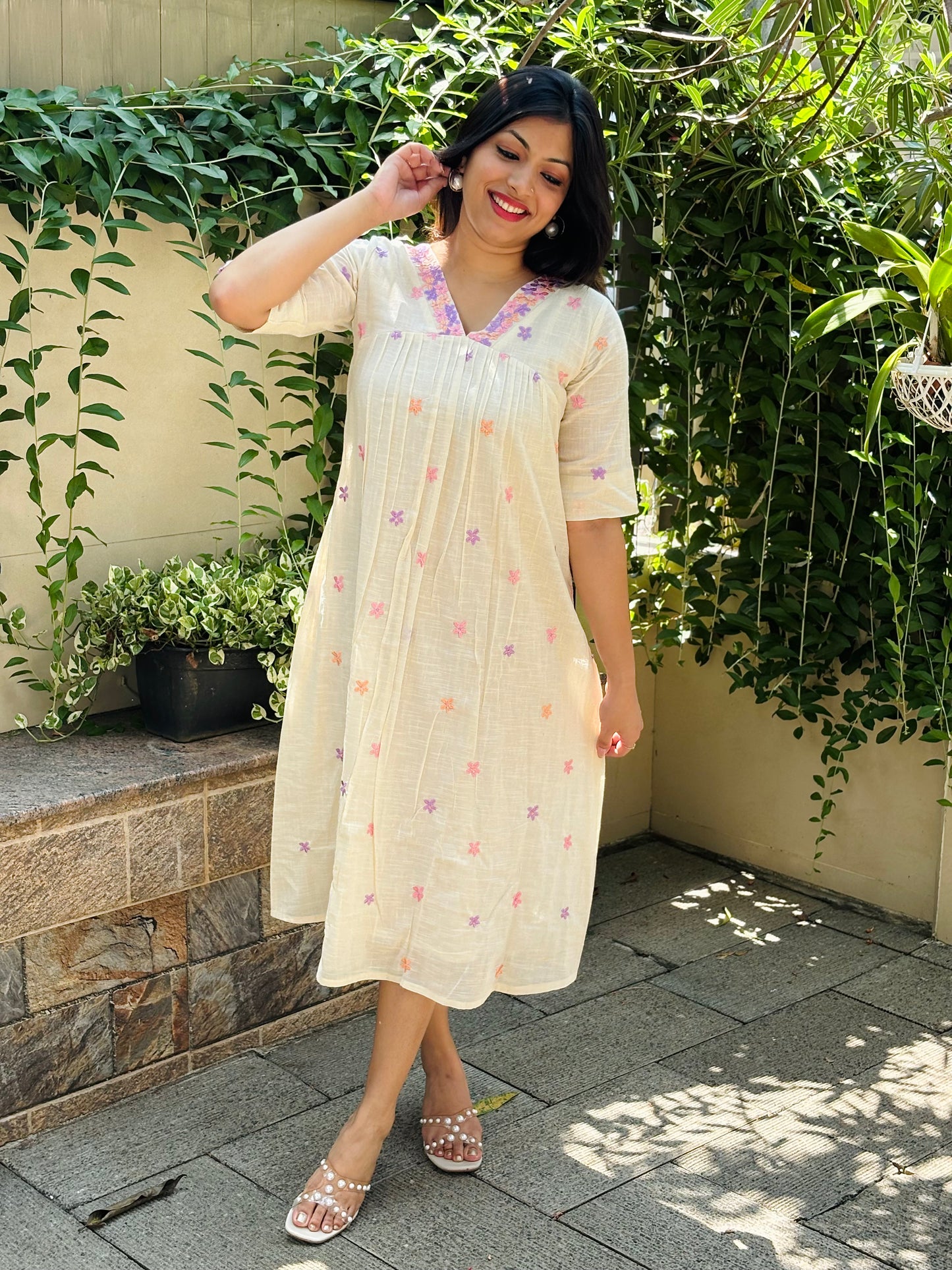Kora cotton alia cut Aline kurti/dress with floral thread embroidery detailing MBS-1242