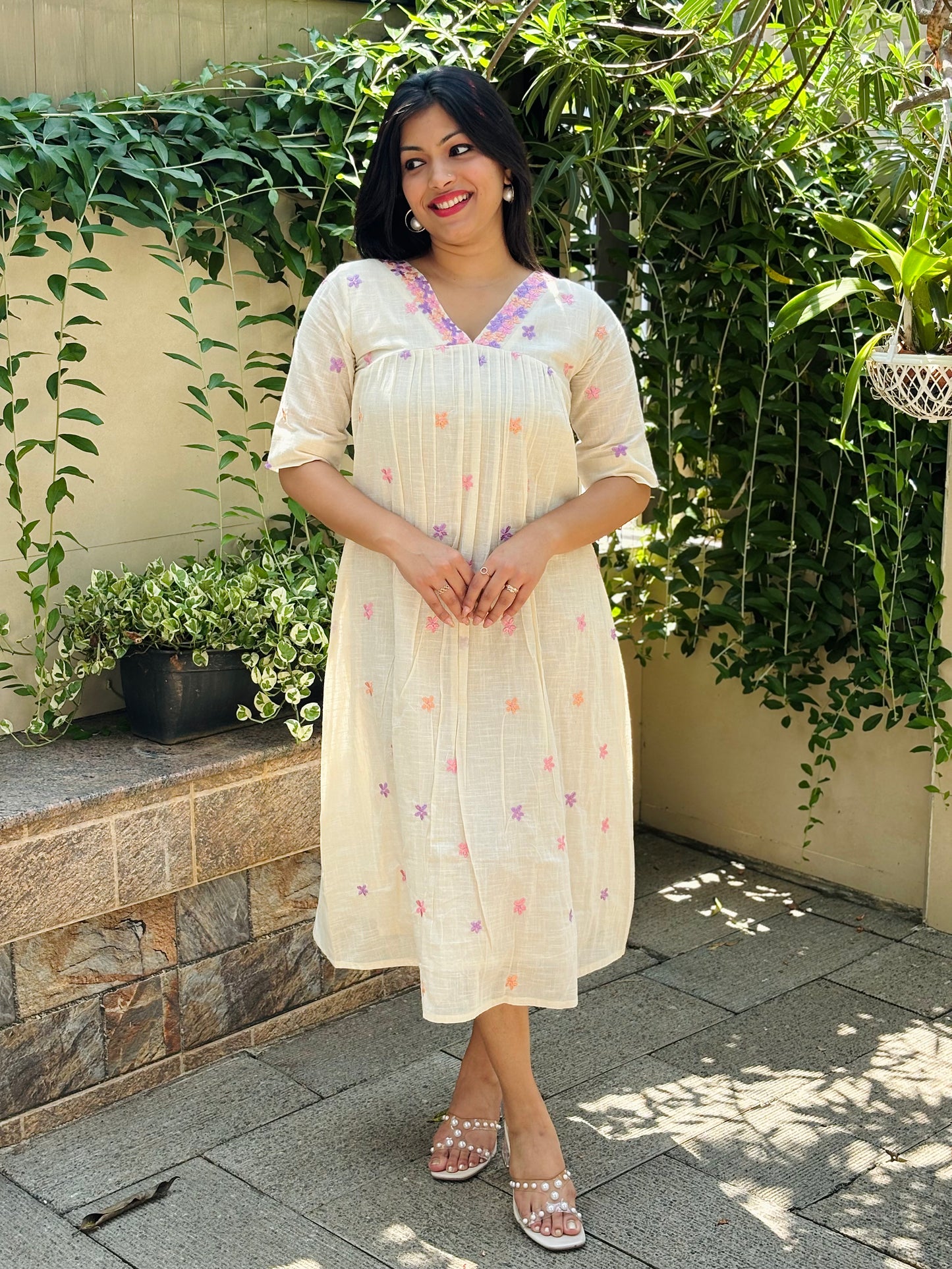 Kora cotton alia cut Aline kurti/dress with floral thread embroidery detailing MBS-1242