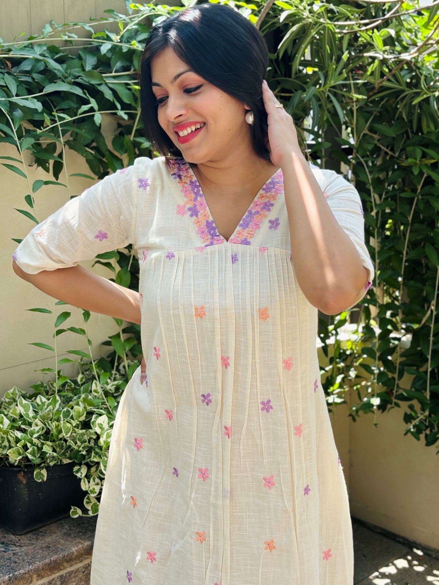 Kora cotton alia cut Aline kurti/dress with floral thread embroidery detailing MBS-1242