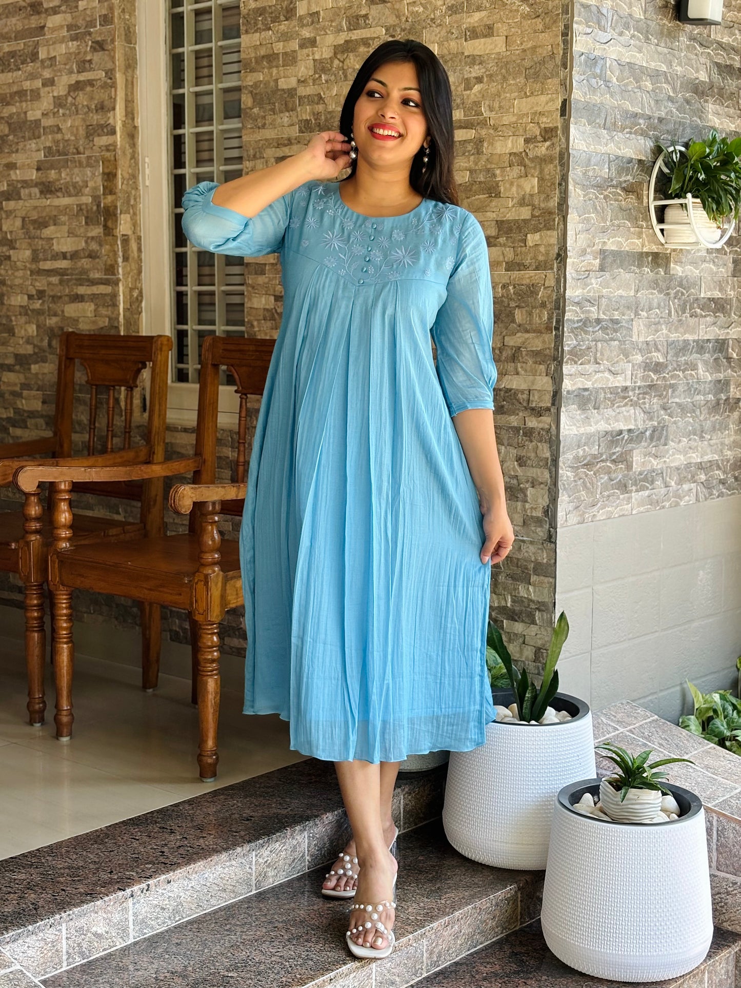 Blue soft mul cotton Aline kurti/dress with floral thread embroidered yoke MBS-1198