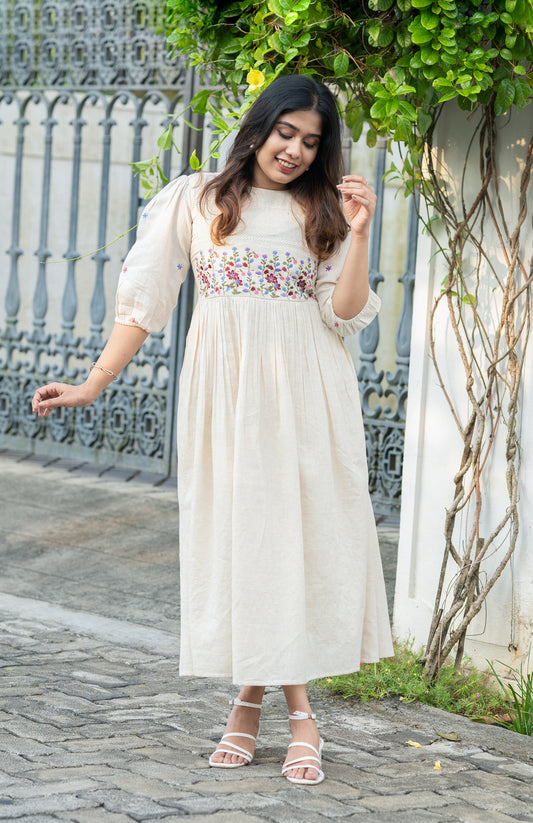 Off-white flex cotton dress with floral embroidery and crochet lace detailing on yoke and sleeves MBS-R234