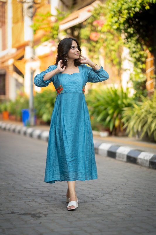 Celeste blue shaded dola silk Aline kurti with curved pleats and thread worked yoke MBS-582
