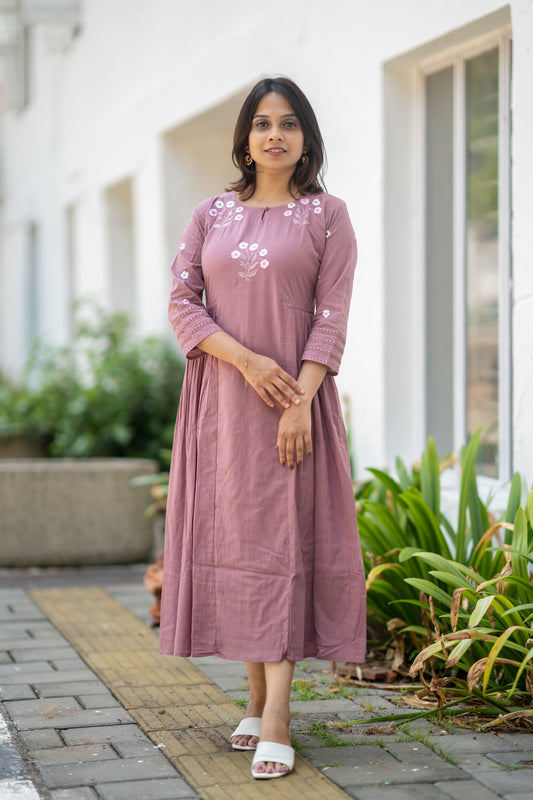 Dusty mauve shaded Kora mul cotton A-line kurti with thread worked yoke and sleeve MBS-583
