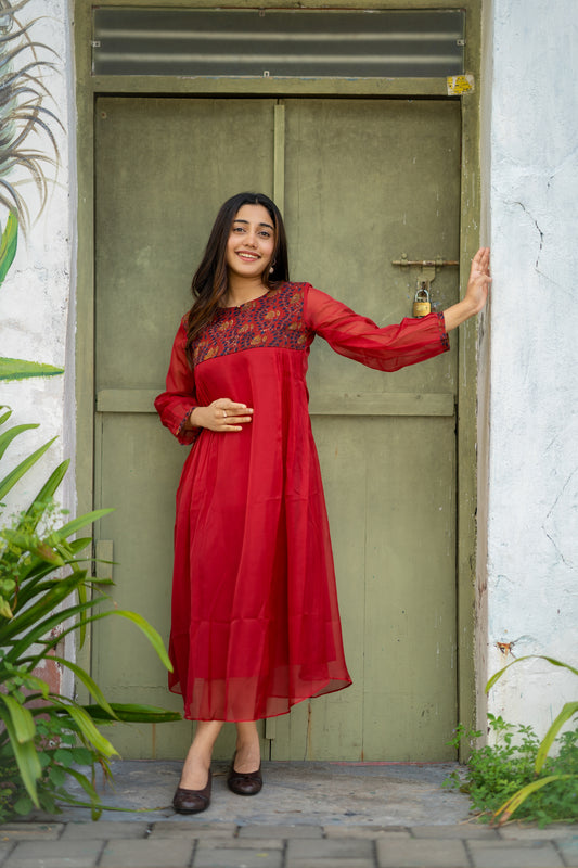 Reddish Maroon soft organza kurti with cotton bagru dabu printed yoke MBS-453