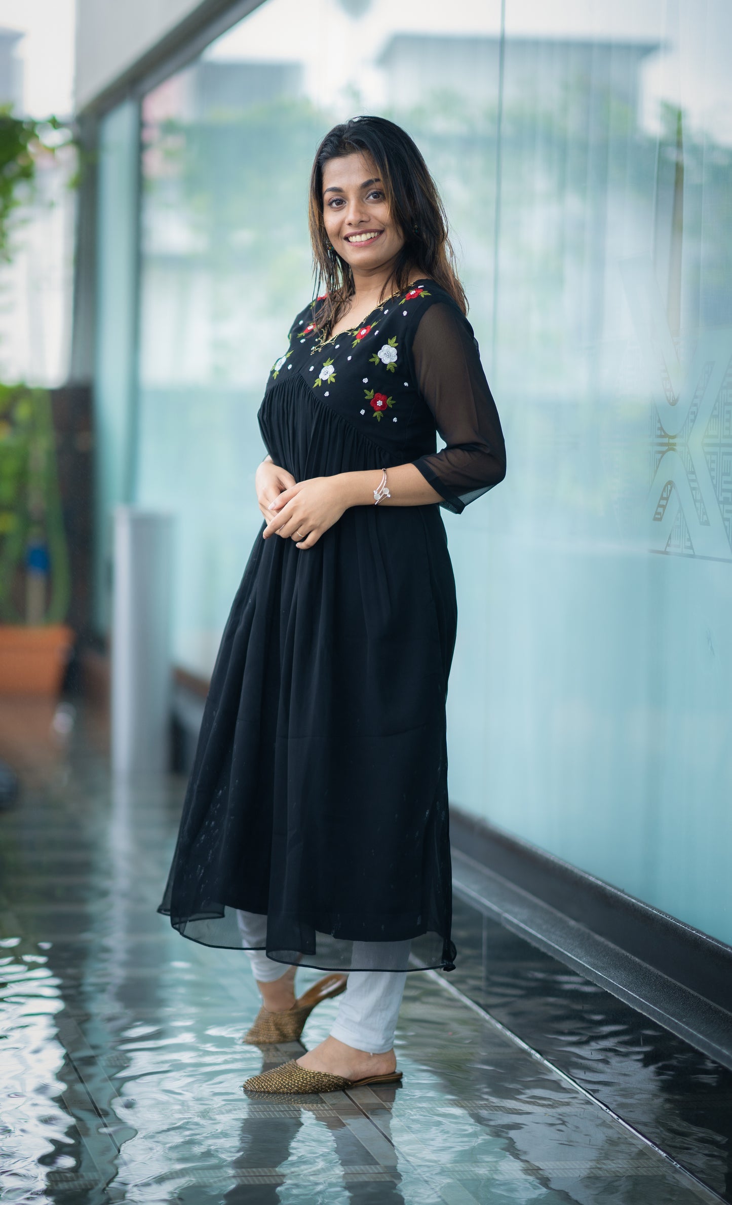 Black georgette party wear kurti with thread worked yoke MBS-376