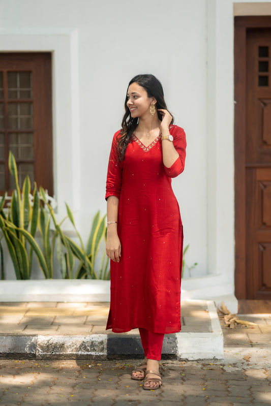 Red shaded glass chanderi slitted kurti with handworked neckline with santoon lining MBS-898 **Last piece sale**