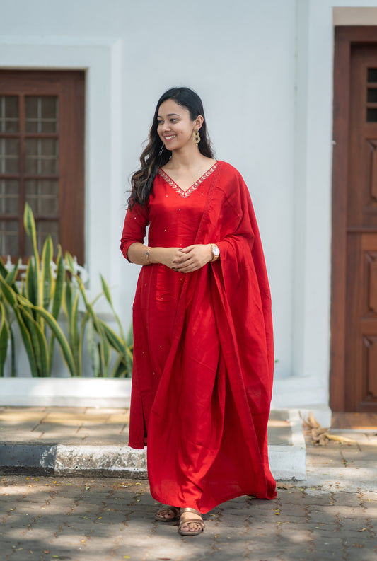 Red shaded glass chanderi slitted kurti with handworked neckline with santoon lining MBS-588