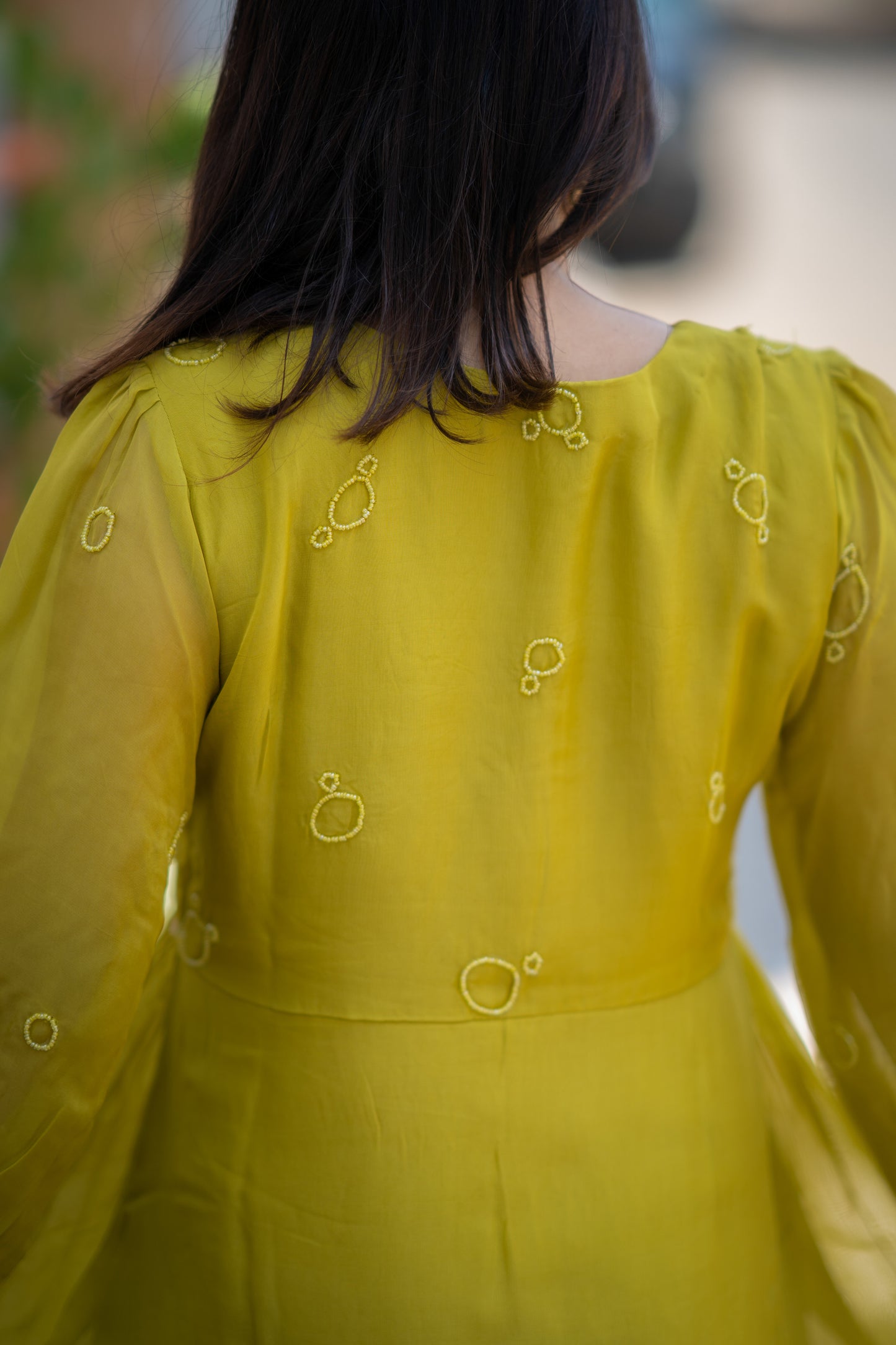 Sheen green shaded viscous organza A-line dress/kurti with thread embroidered and handworked yoke and sleeve MBS-589