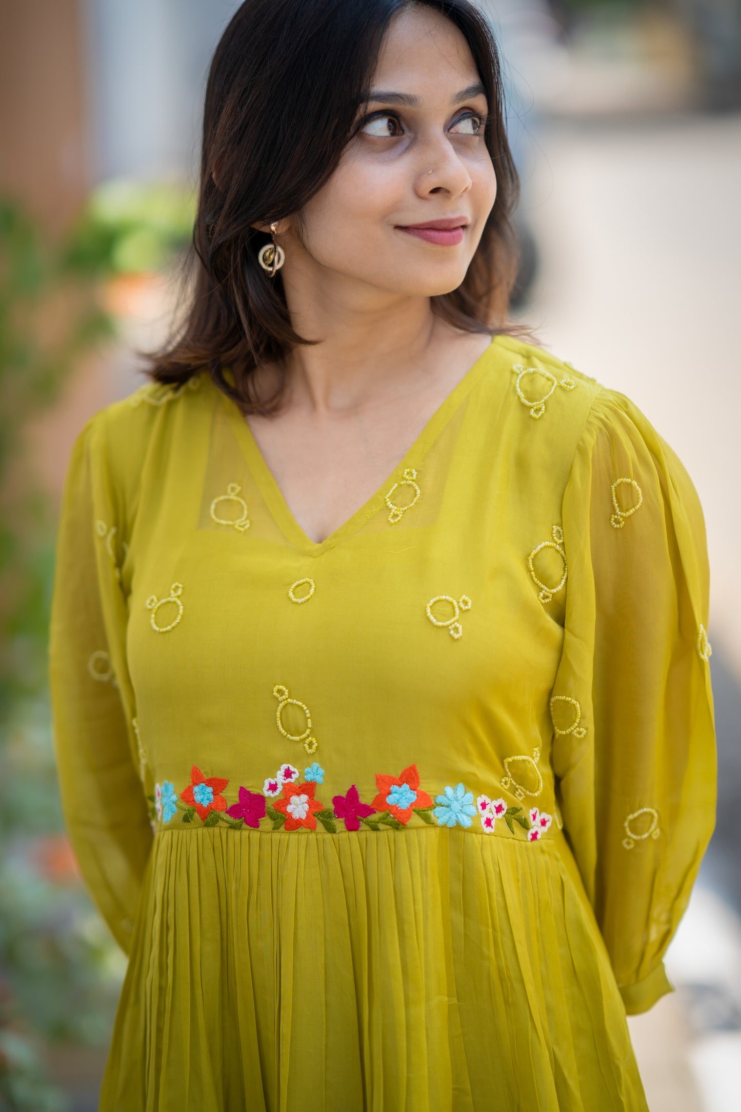 Sheen green shaded viscous organza A-line dress/kurti with thread embroidered and handworked yoke and sleeve MBS-589