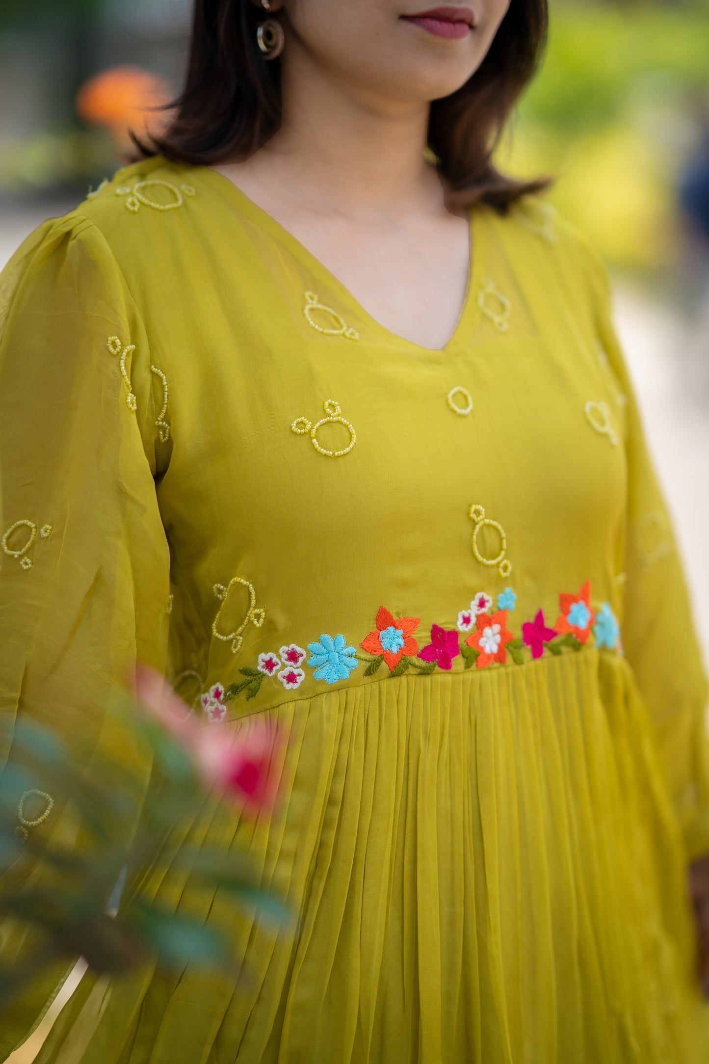 Sheen green shaded viscous organza A-line dress/kurti with thread embroidered and handworked yoke and sleeve MBS-589