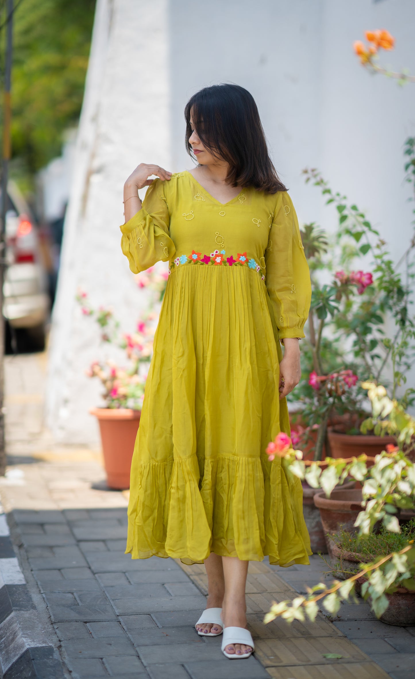 Sheen green shaded viscous organza A-line dress/kurti with thread embroidered and handworked yoke and sleeve MBS-589