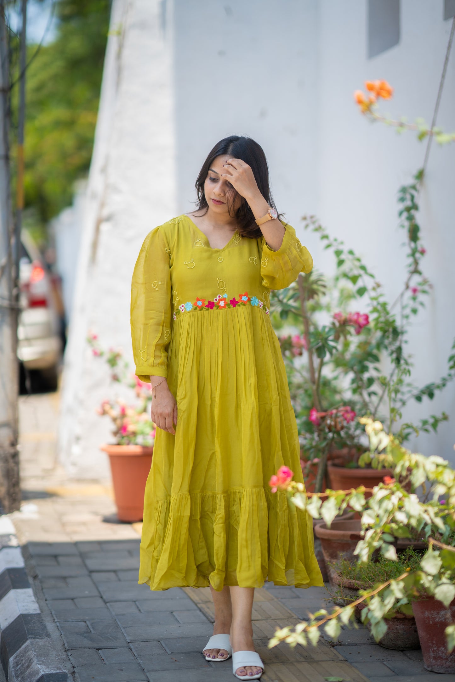 Sheen green shaded viscous organza A-line dress/kurti with thread embroidered and handworked yoke and sleeve MBS-589