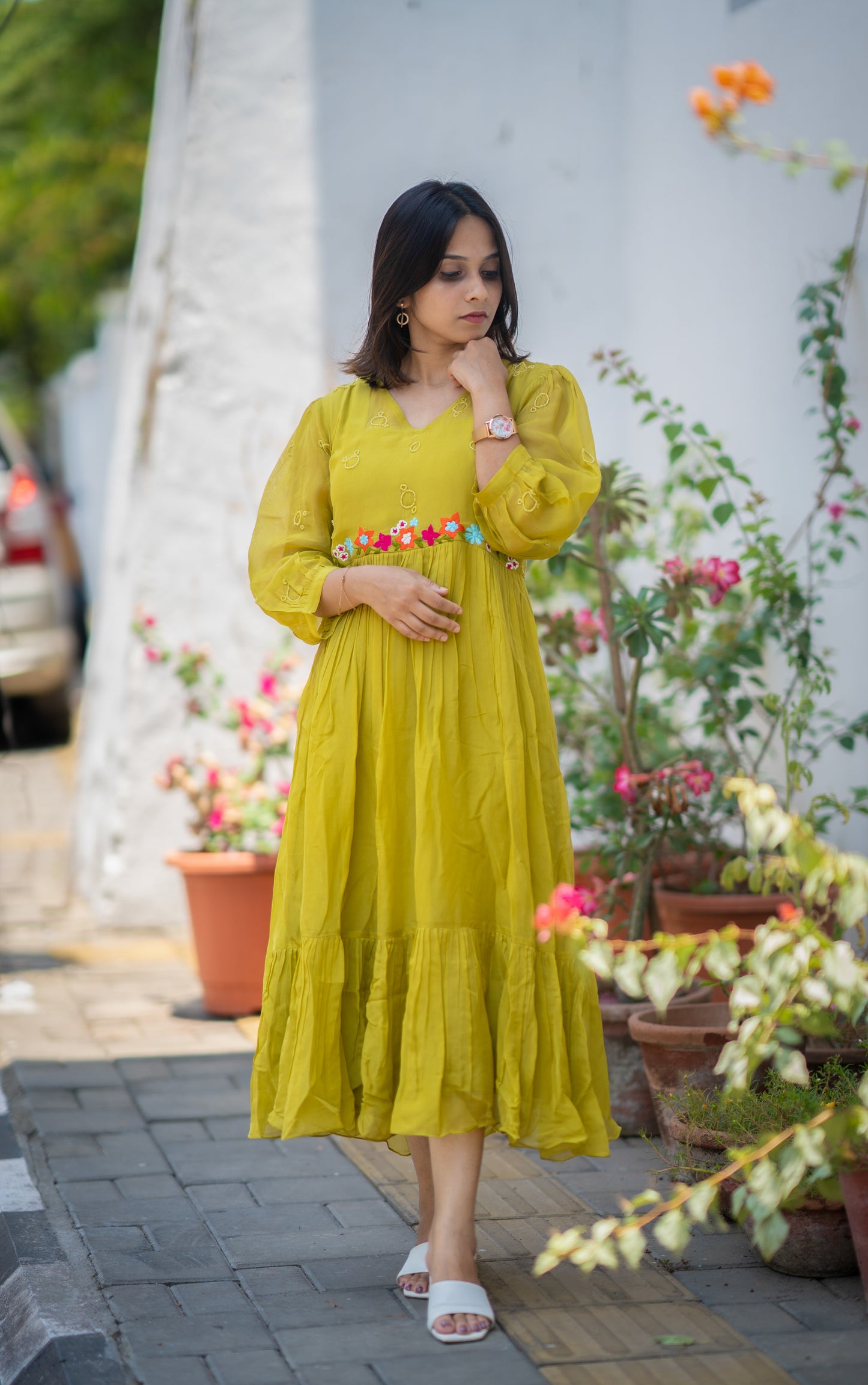 Sheen green shaded viscous organza A-line dress/kurti with thread embroidered and handworked yoke and sleeve MBS-589