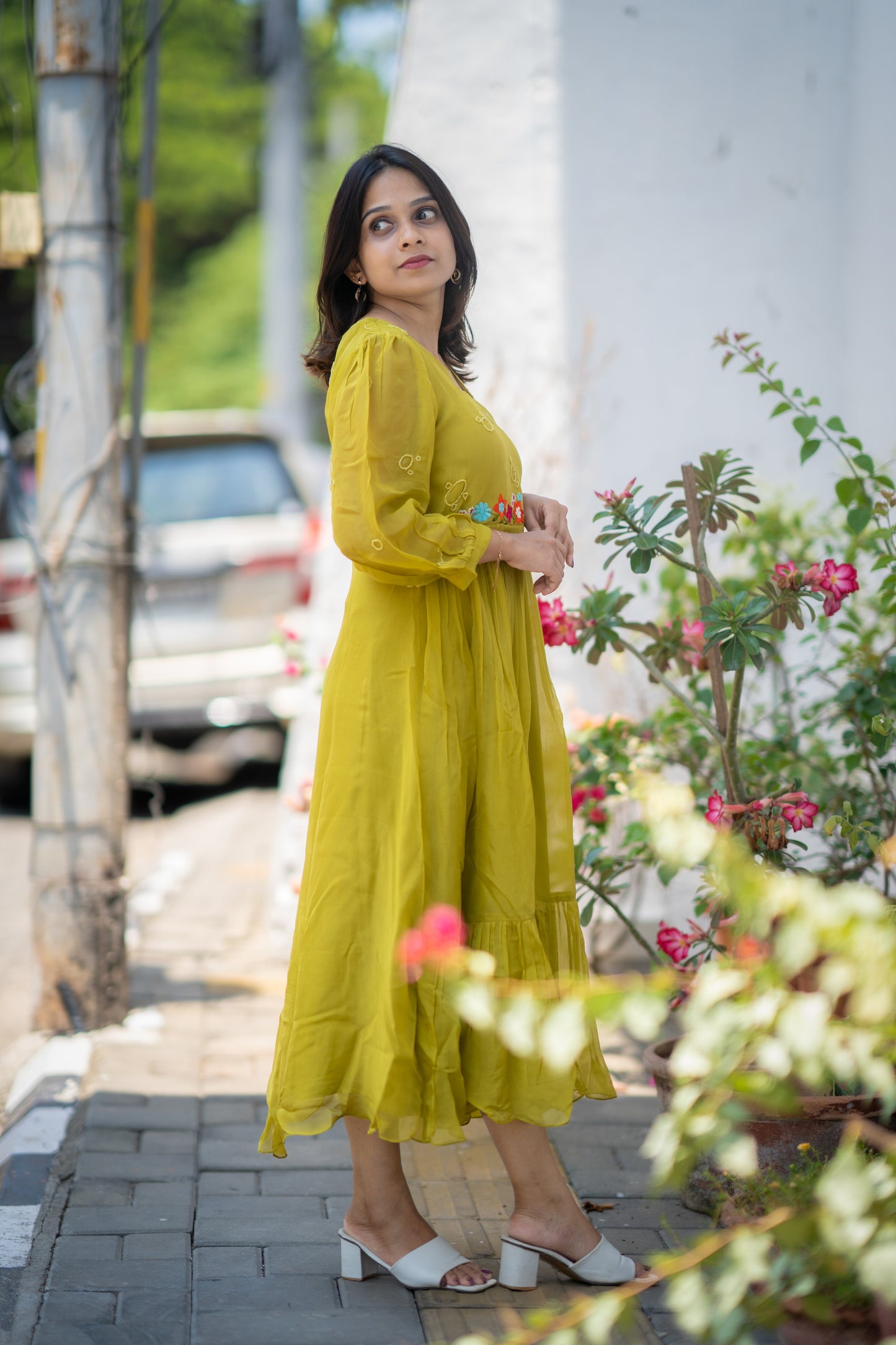 Sheen green shaded viscous organza A-line dress/kurti with thread embroidered and handworked yoke and sleeve MBS-589