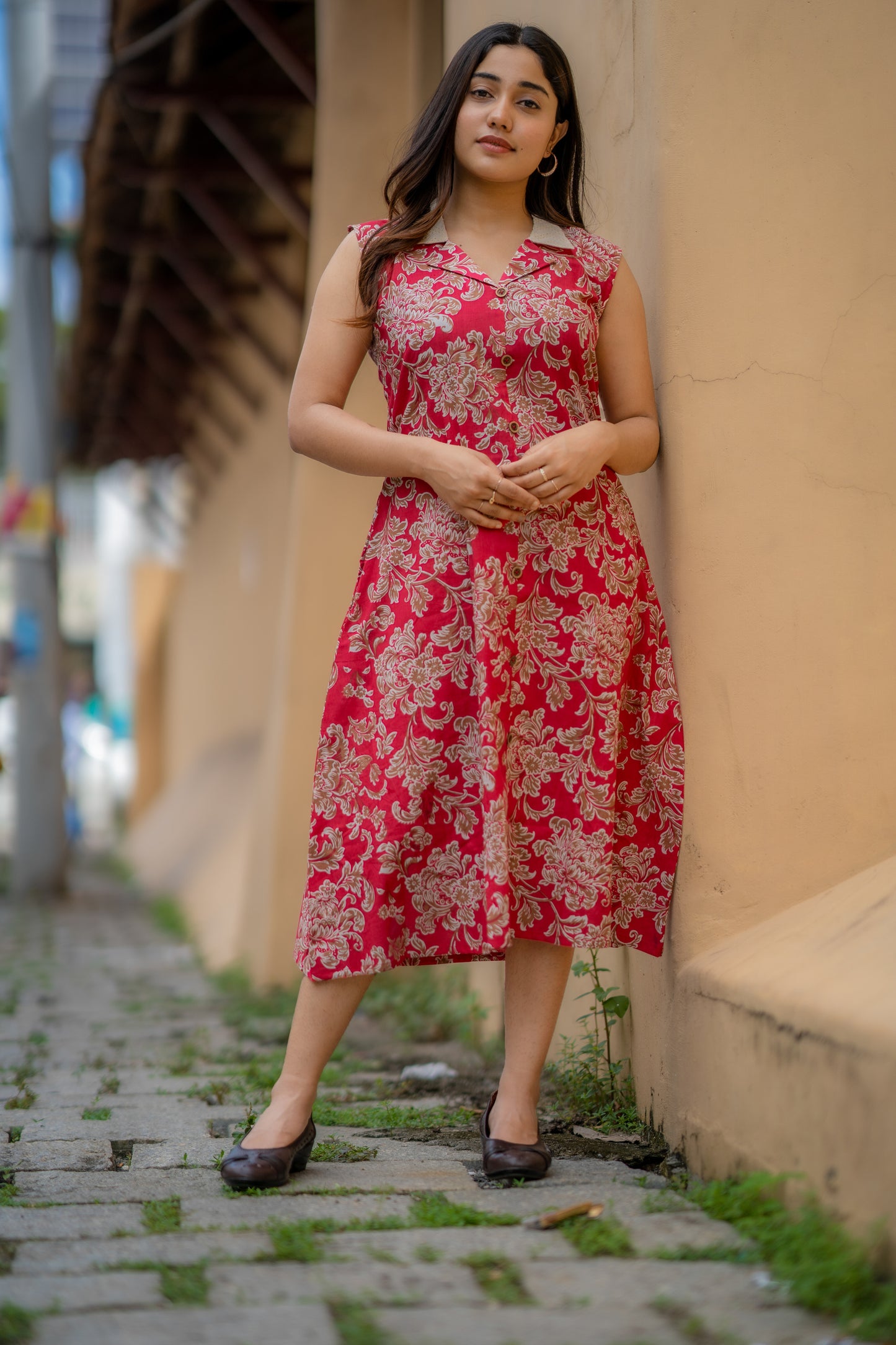 Red floral printed cotton kurti with hacoba collar MBS-462