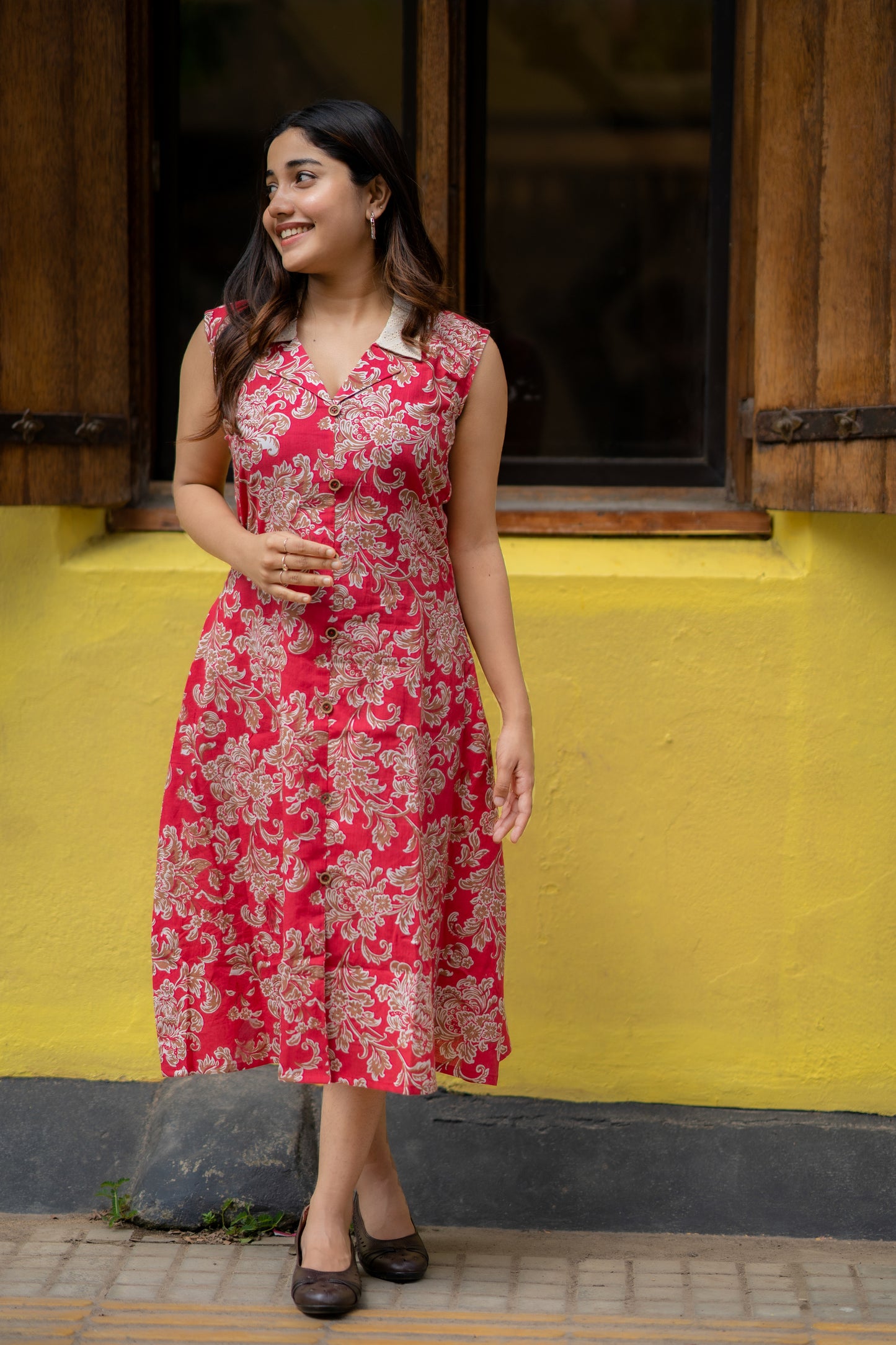 Red floral printed cotton kurti with hacoba collar MBS-462