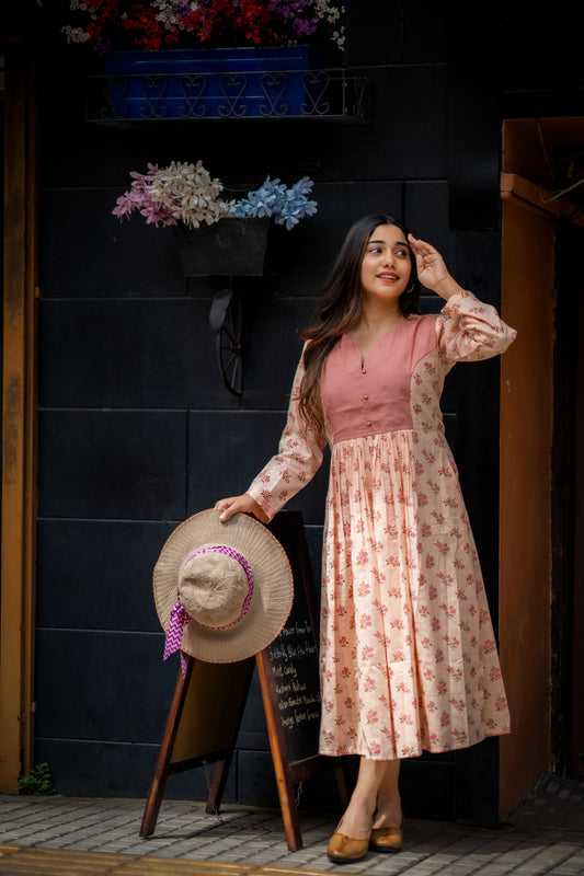 Powder peach shaded floral printed cotton slub kurti/dress with handwork detailings on yoke MBS-464 ***Ready to Dispatch***