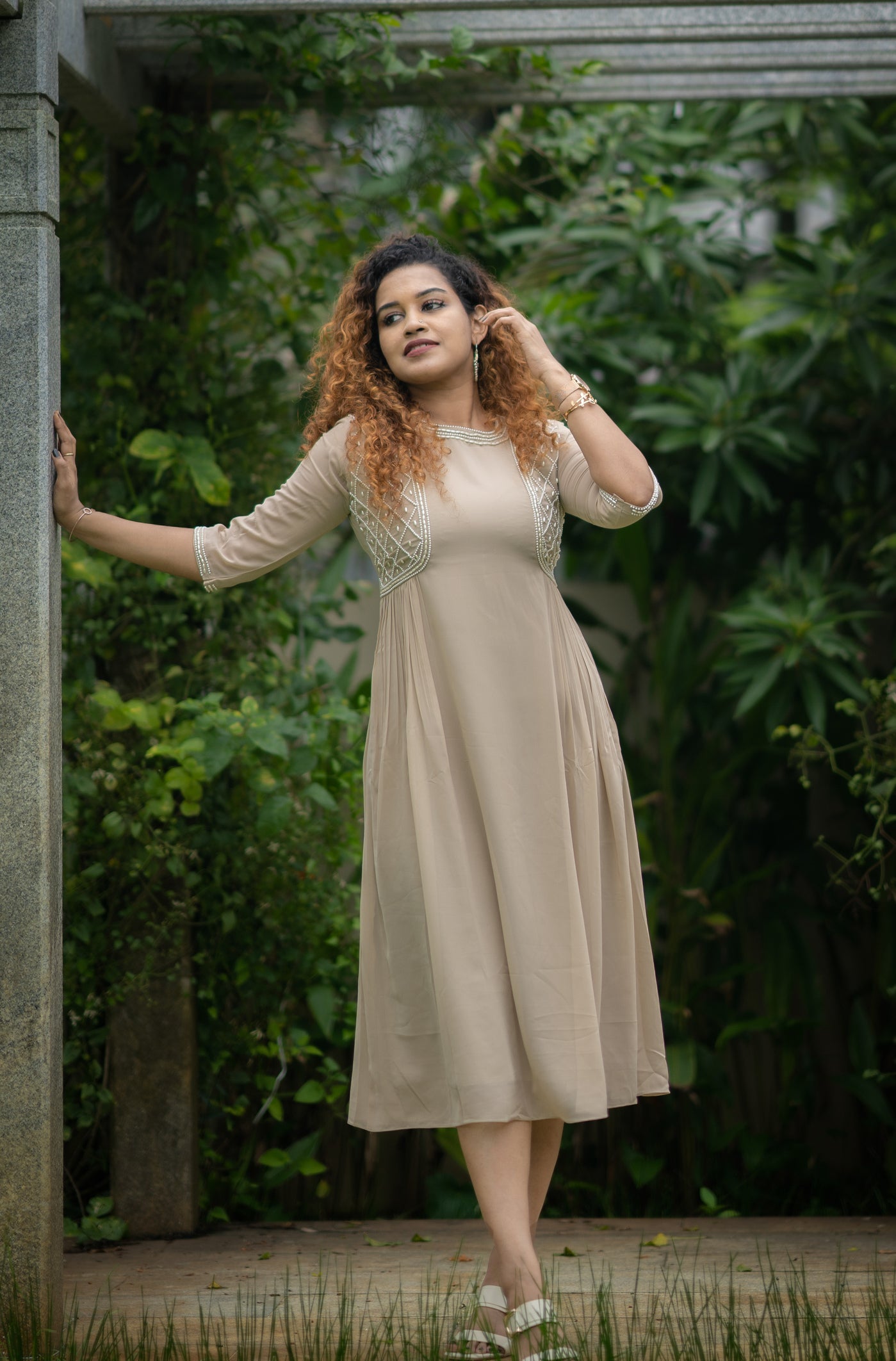 Beige shaded georgette A-line kurti with beads work MBS-380