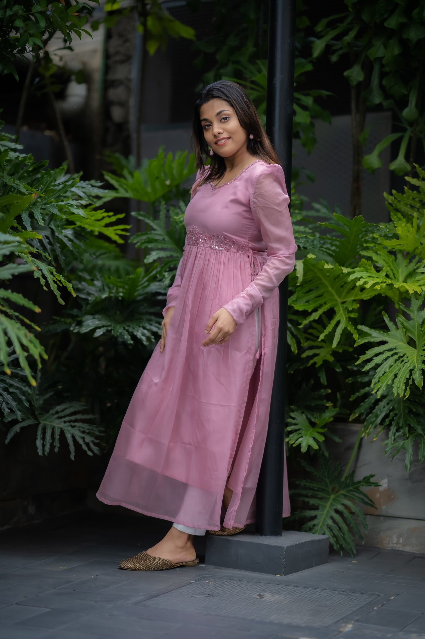 Pastel pink soft organza kurti with nayra cut and handworked neckline MBS-381