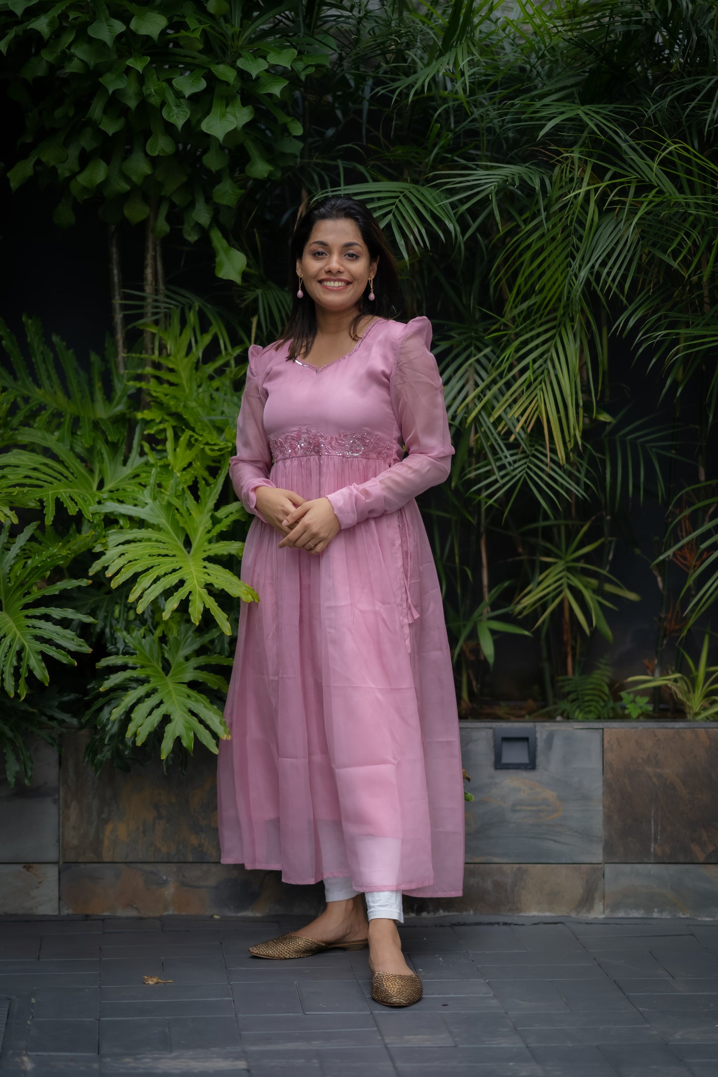 Pastel pink soft organza kurti with nayra cut and handworked neckline MBS-381