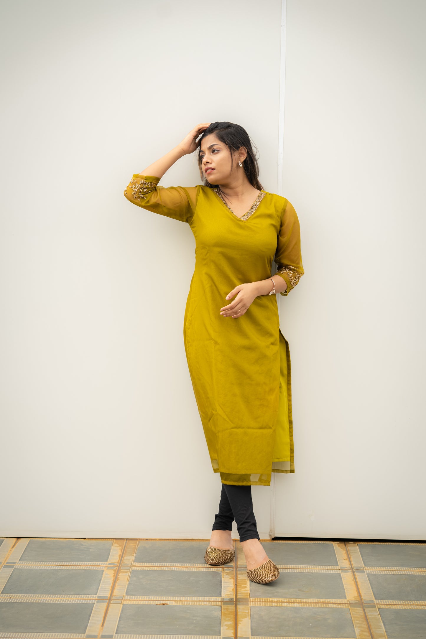 Cress green shaded organza kurti with handworked neckline and sleeves MBS-385