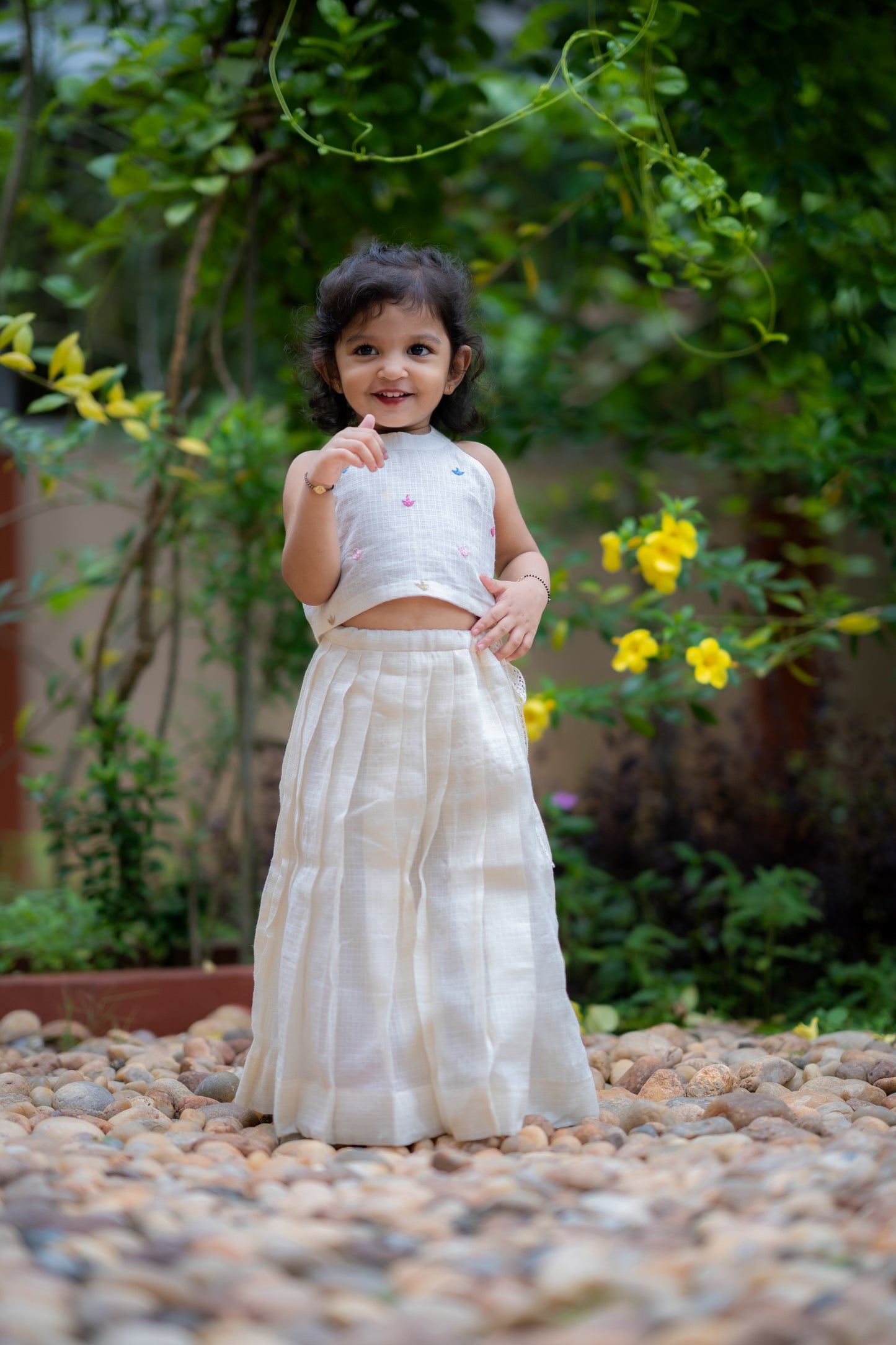 Kids Off-white kota flex halter neck top with beautiful tiny embroidery detailings paired with kota flex skirt MBS-388