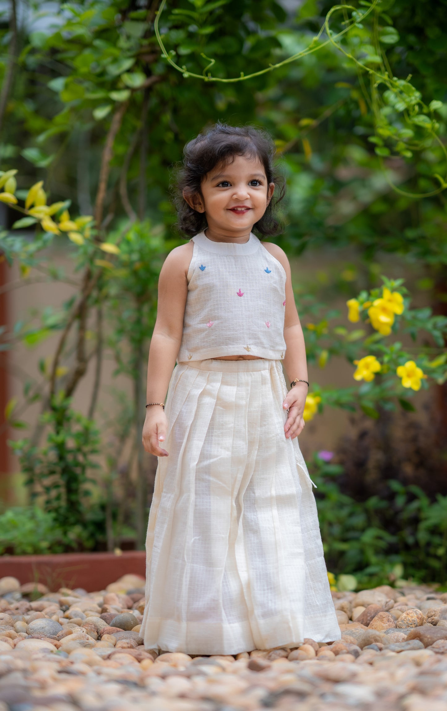 Kids Off-white kota flex halter neck top with beautiful tiny embroidery detailings paired with kota flex skirt MBS-388