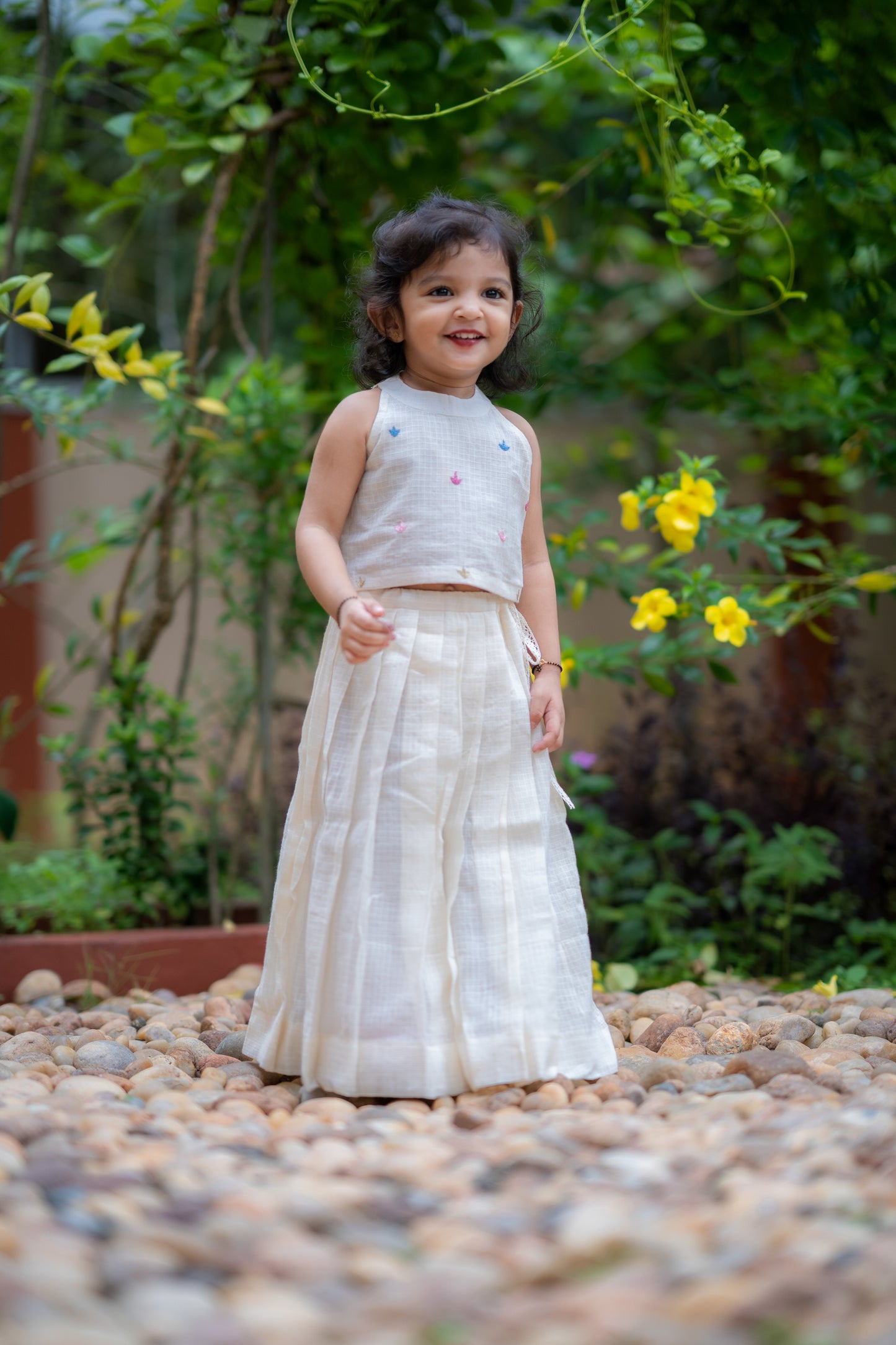 Kids Off-white kota flex halter neck top with beautiful tiny embroidery detailings paired with kota flex skirt MBS-388