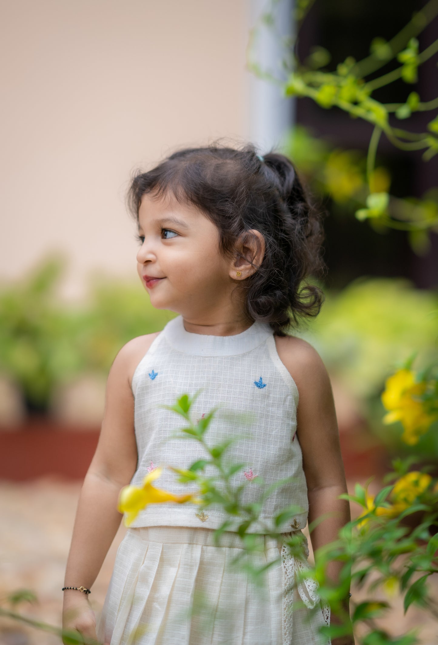 Kids Off-white kota flex halter neck top with beautiful tiny embroidery detailings paired with kota flex skirt MBS-388