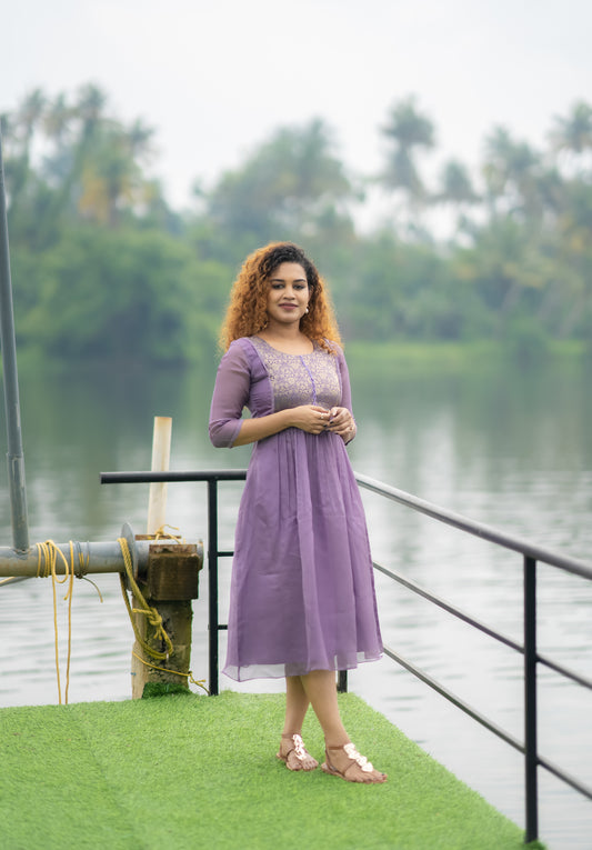 Dark lavender jute organza kurti with scallopped brocade yoke MBS-397