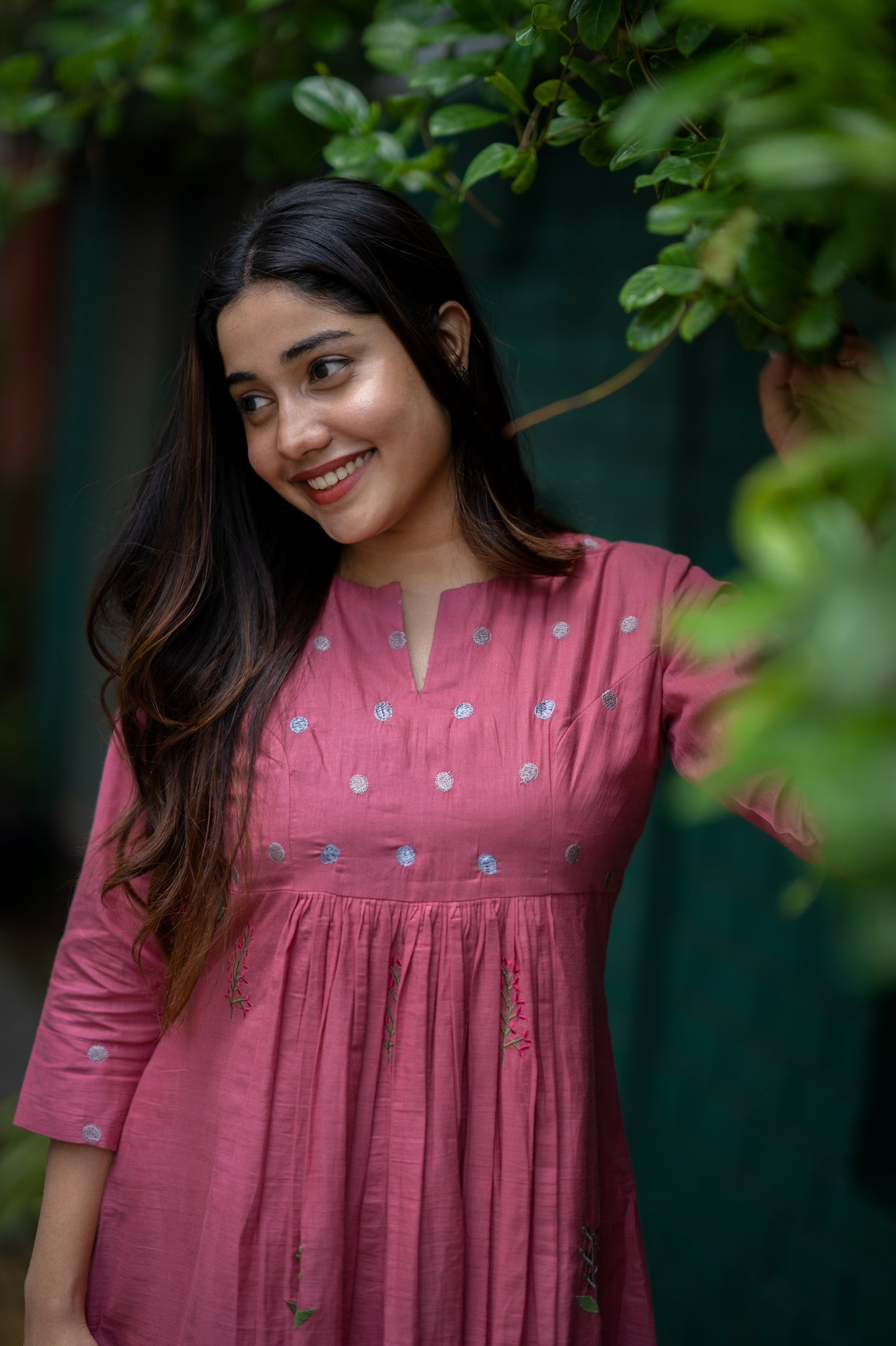 Dusty onion pink shaded mul cotton kurti/dress with thread embroidery detailings MBS-474