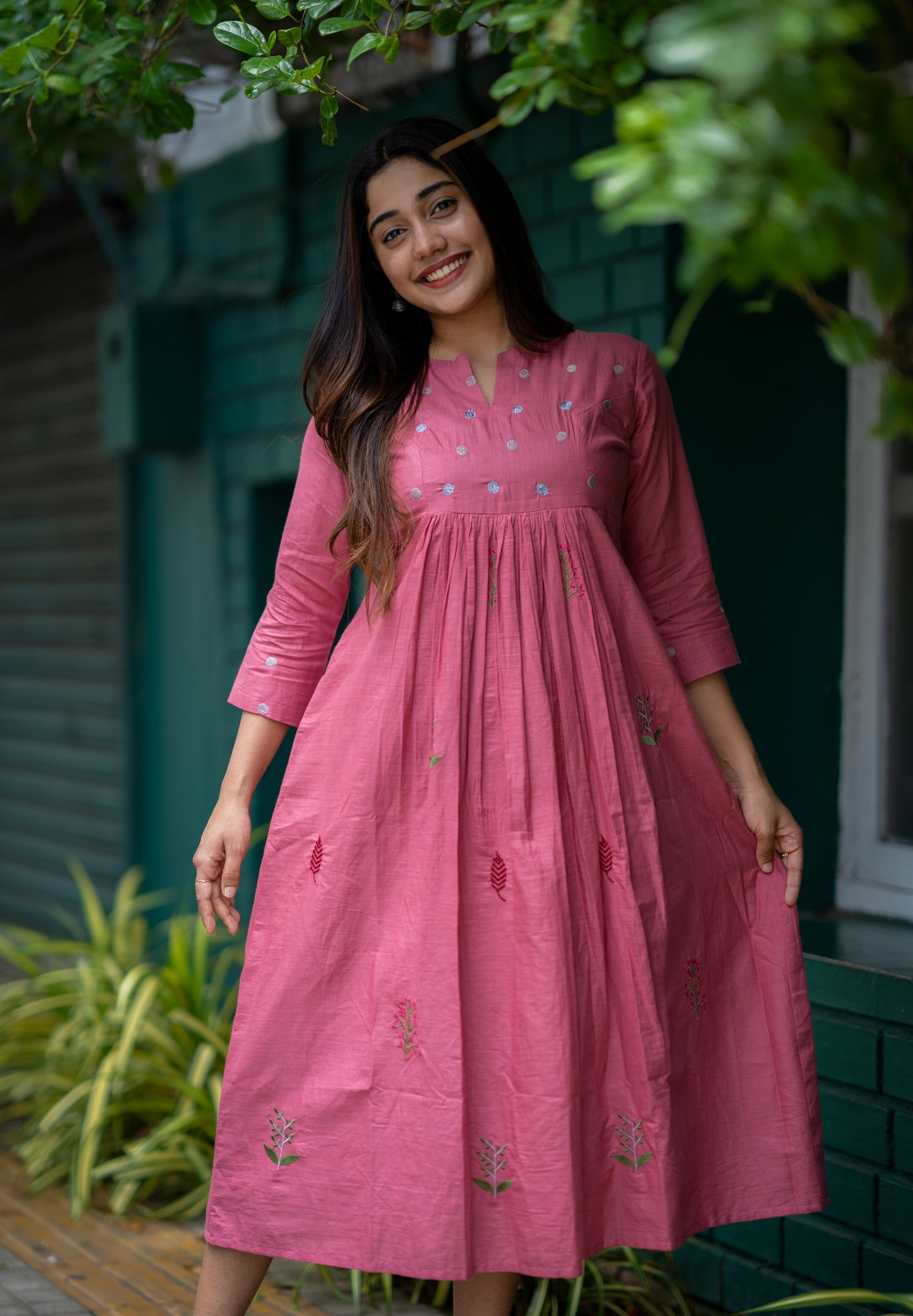 Dusty onion pink shaded mul cotton kurti/dress with thread embroidery detailings MBS-474