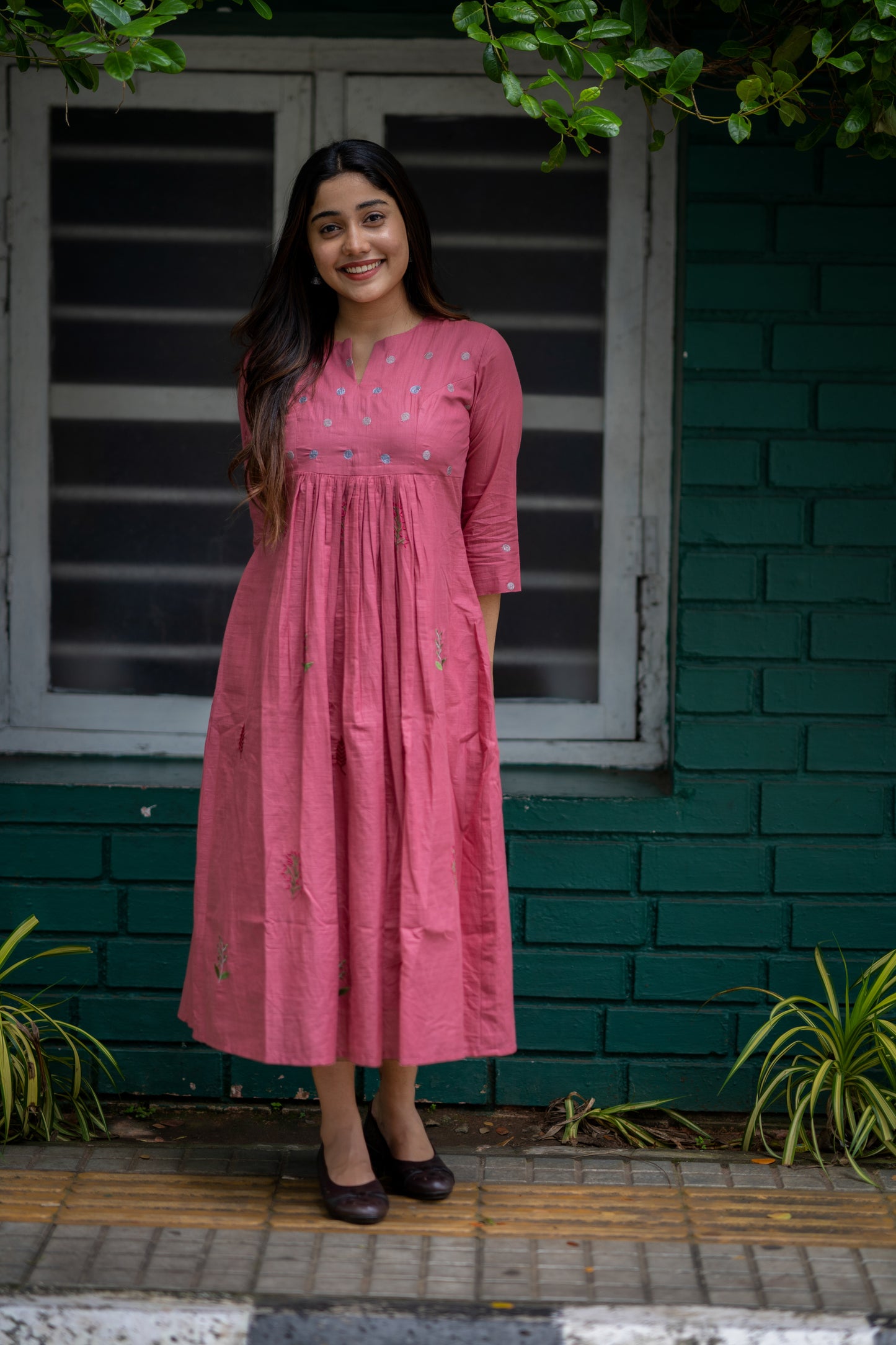 Dusty onion pink shaded mul cotton kurti/dress with thread embroidery detailings MBS-474