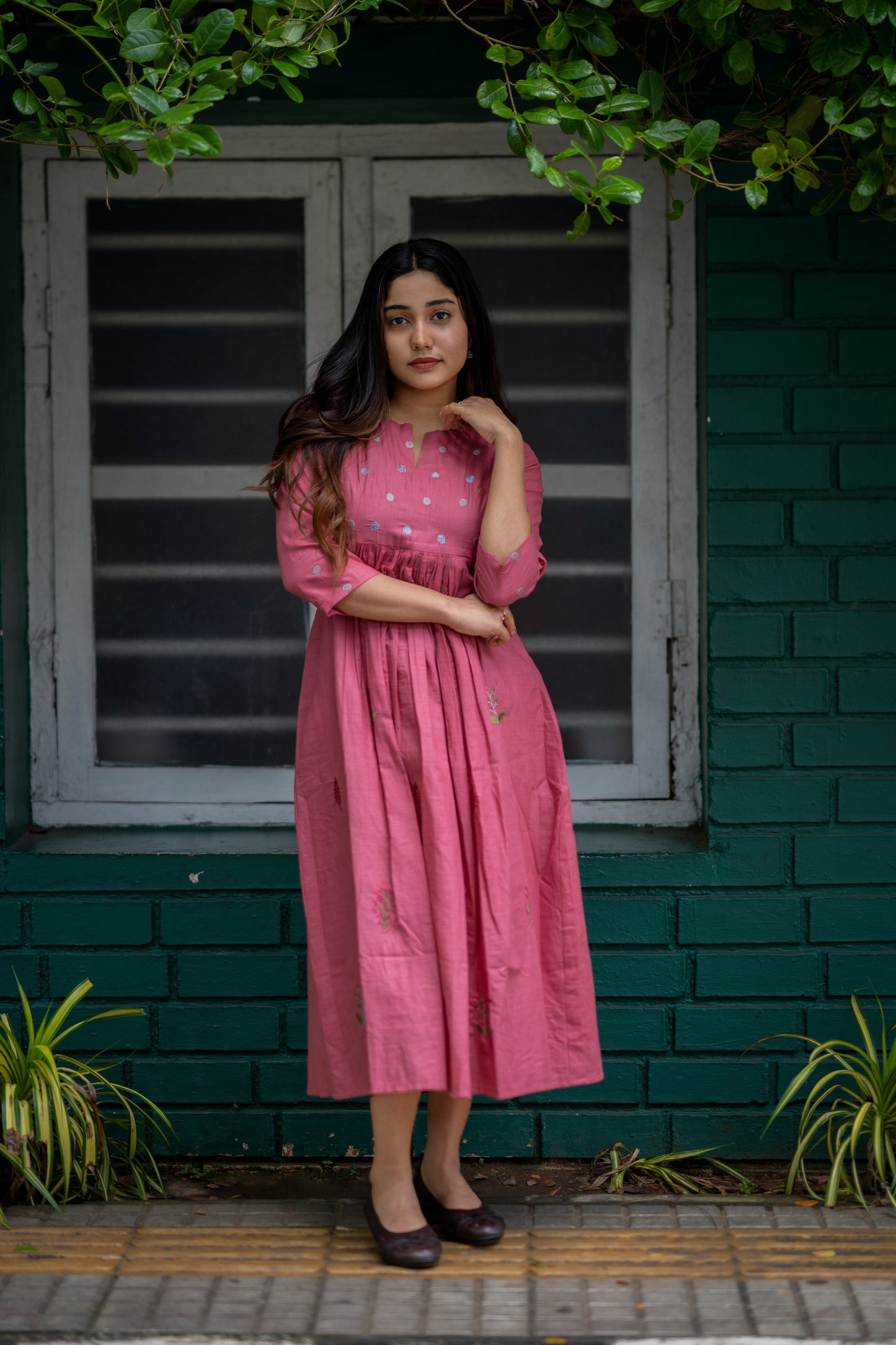 Dusty onion pink shaded mul cotton kurti/dress with thread embroidery detailings MBS-474