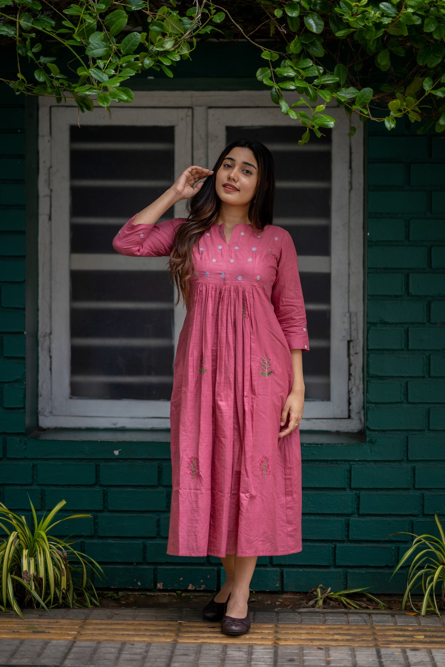 Dusty onion pink shaded mul cotton kurti/dress with thread embroidery detailings MBS-474