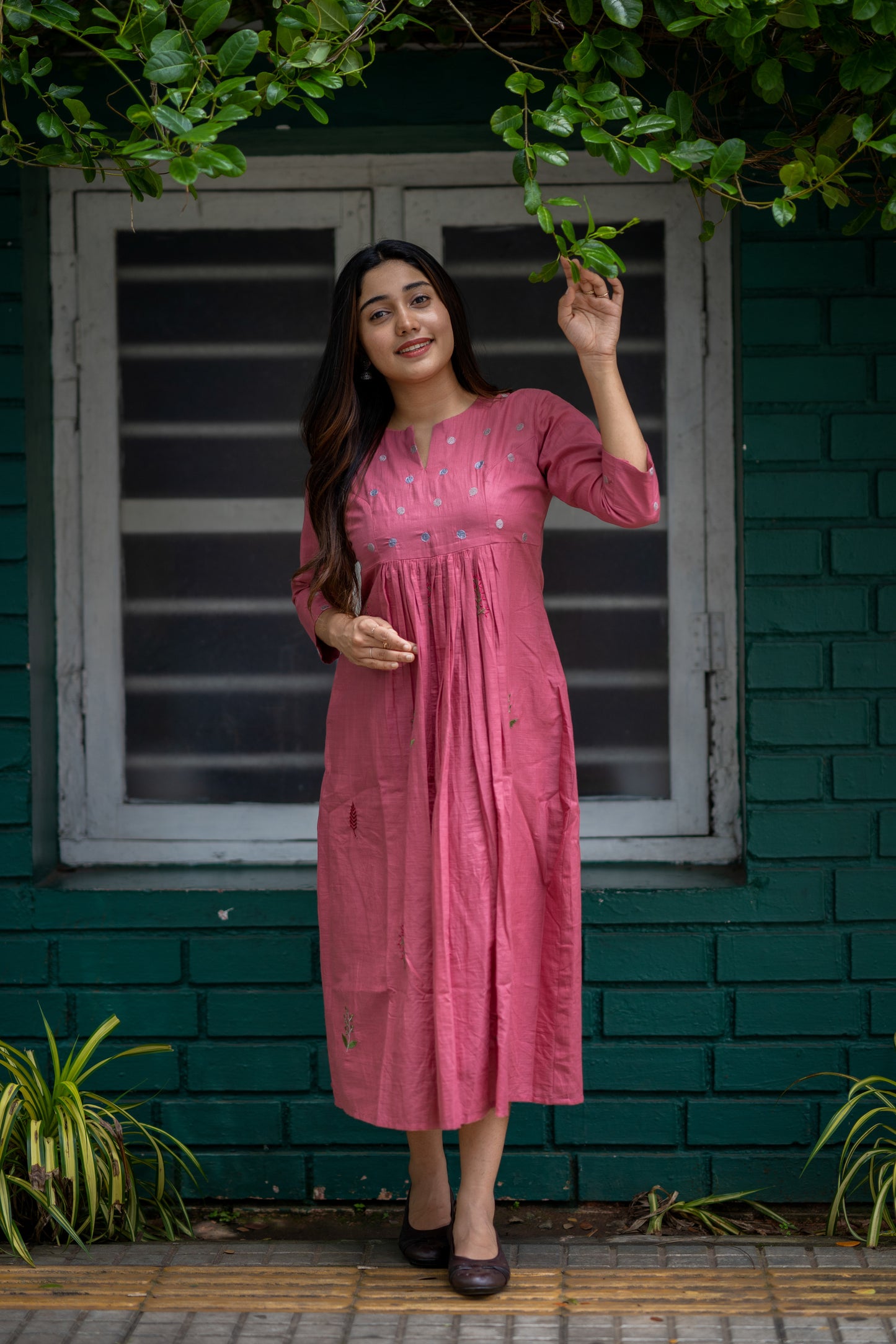 Dusty onion pink shaded mul cotton kurti/dress with thread embroidery detailings MBS-474