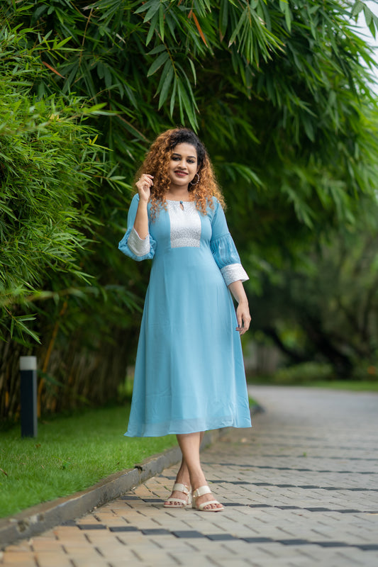 Sky blue shaded georgette Aline kurti with silver brocade yoke and pleated sleeves MBS-401