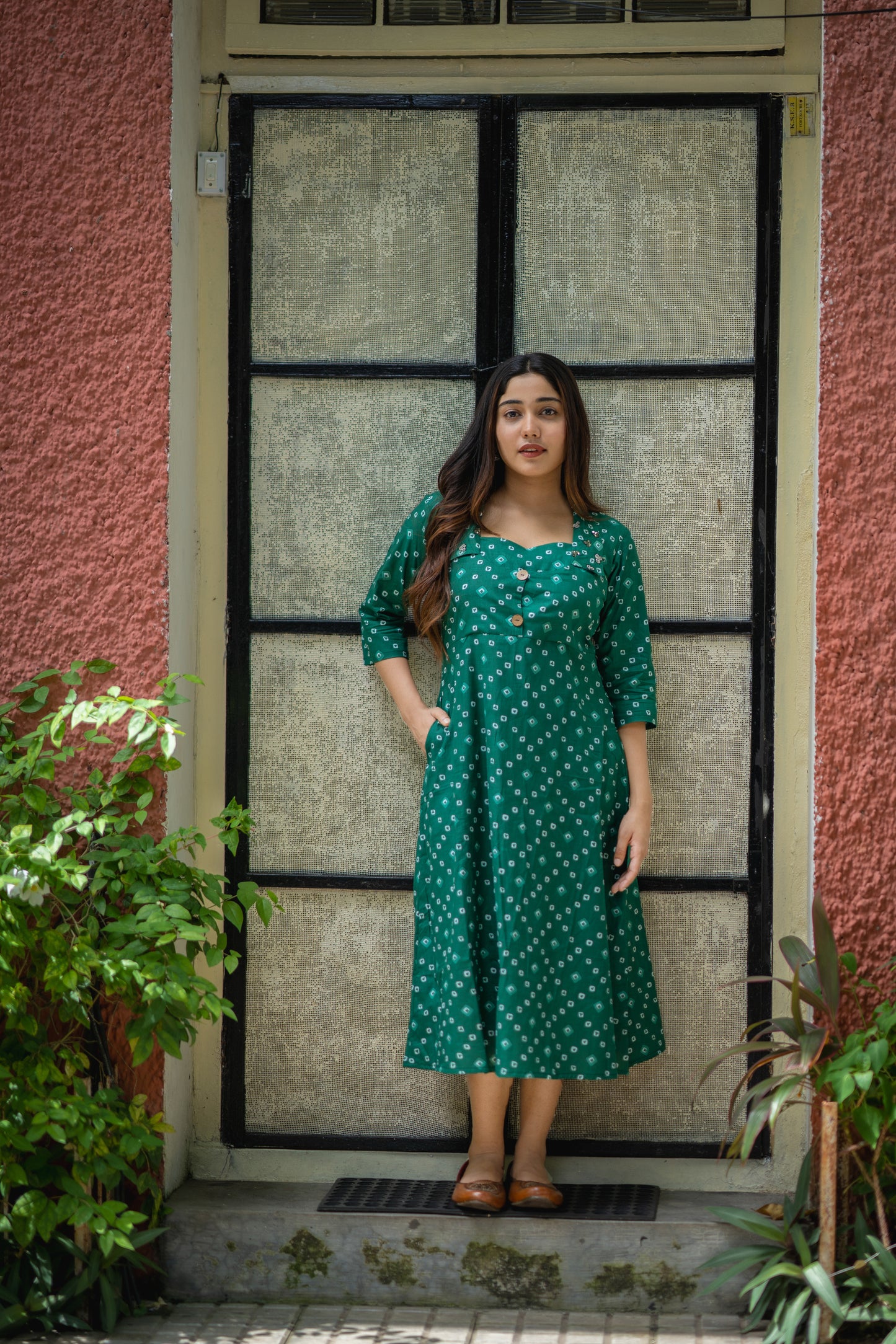 Green shaded shibori printed kurti/dress with handworked collar MBS-478