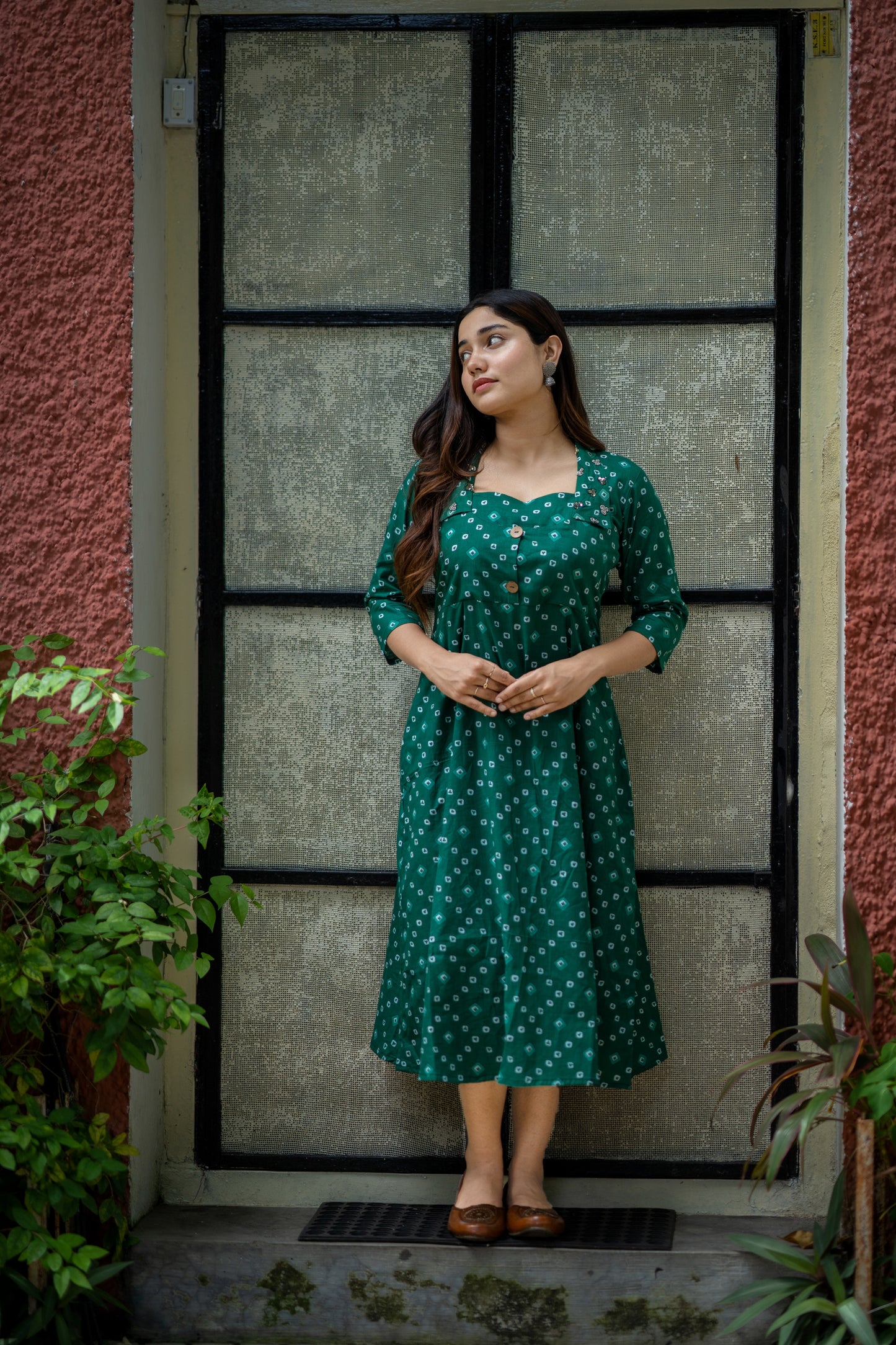 Green shaded shibori printed kurti/dress with handworked collar MBS-478