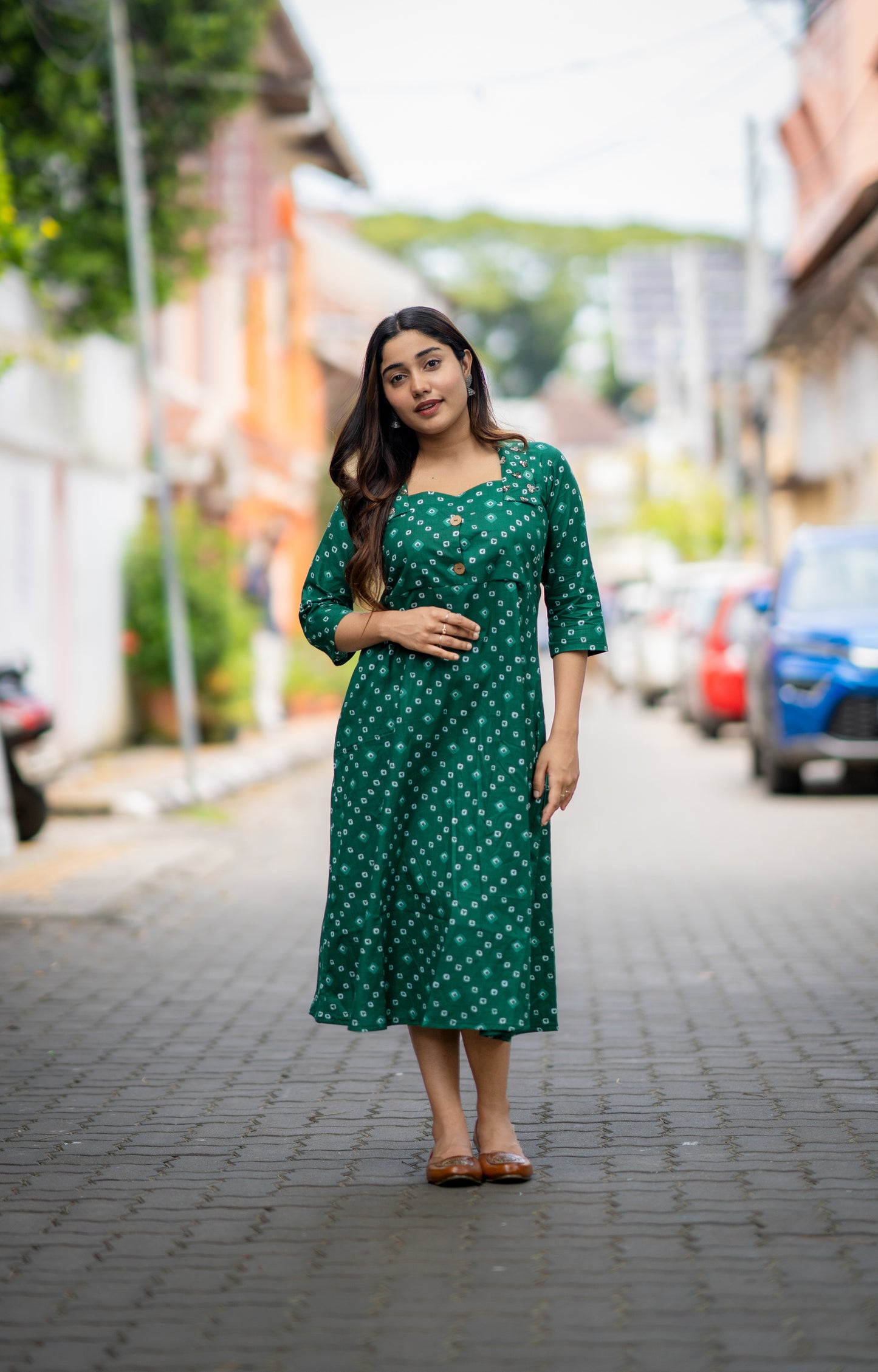 Green shaded shibori printed kurti/dress with handworked collar MBS-478