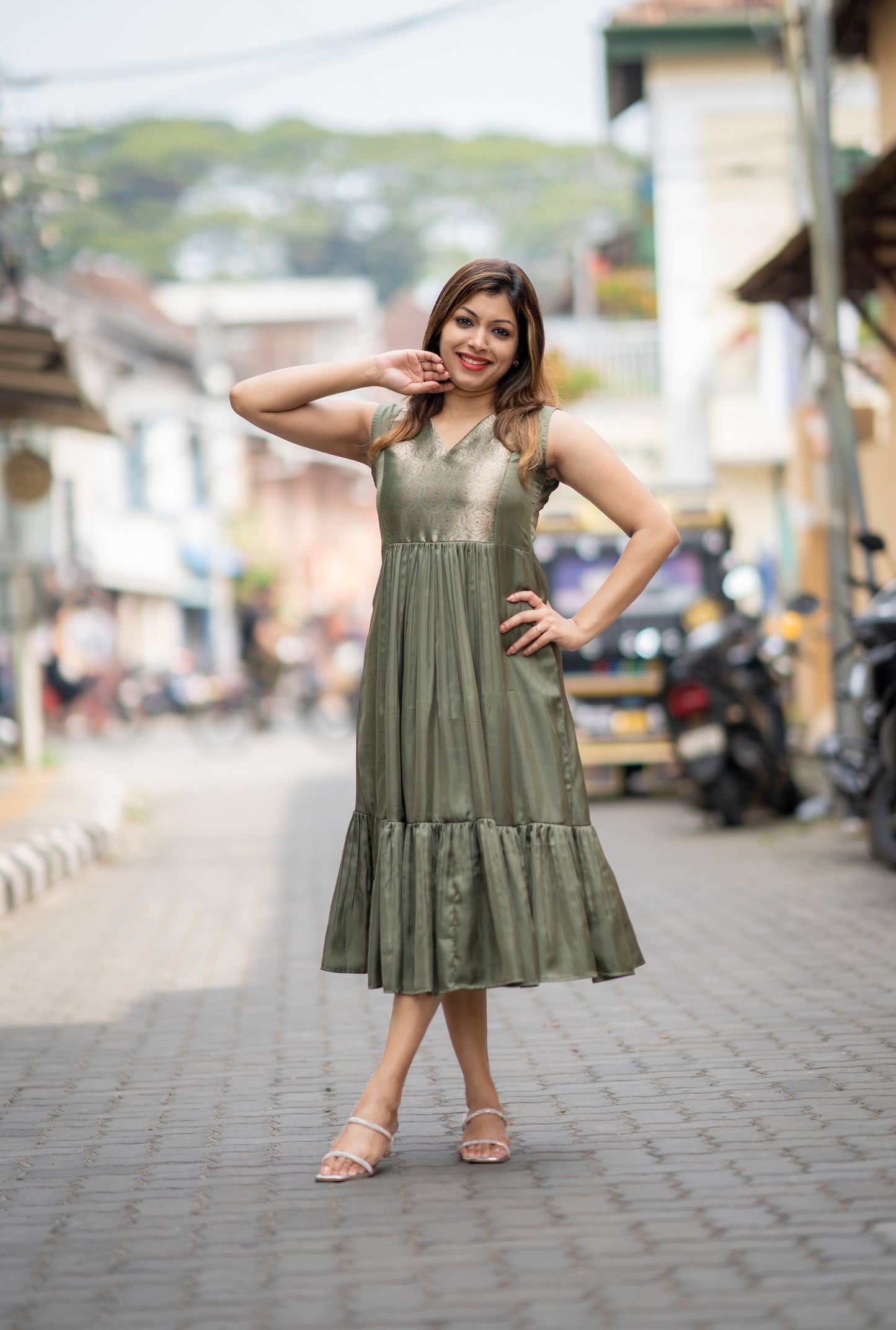 Semi modal silk kurti/dress with brocade yoke in olive green shade MBS-479