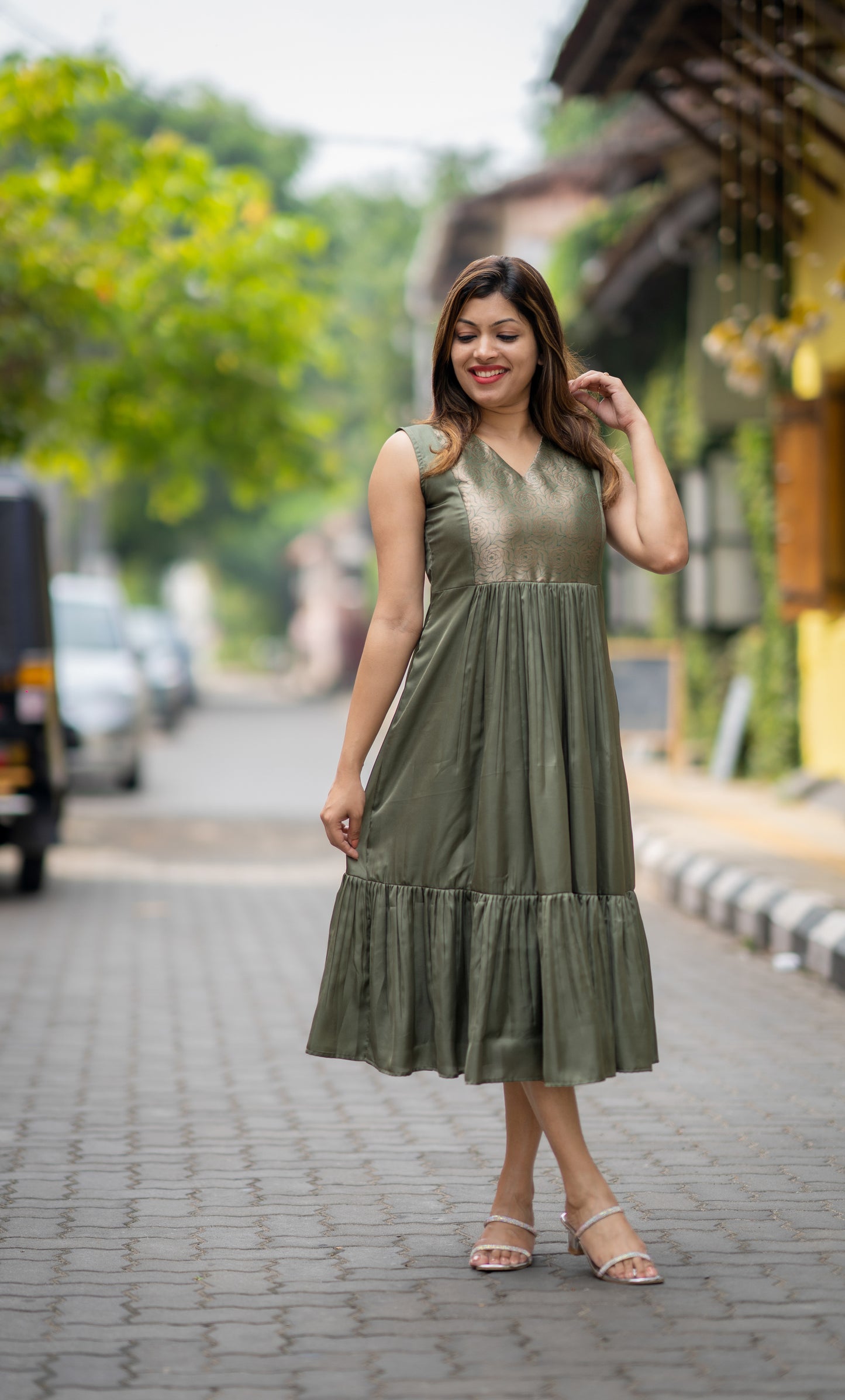 Semi modal silk kurti/dress with brocade yoke in olive green shade MBS-479